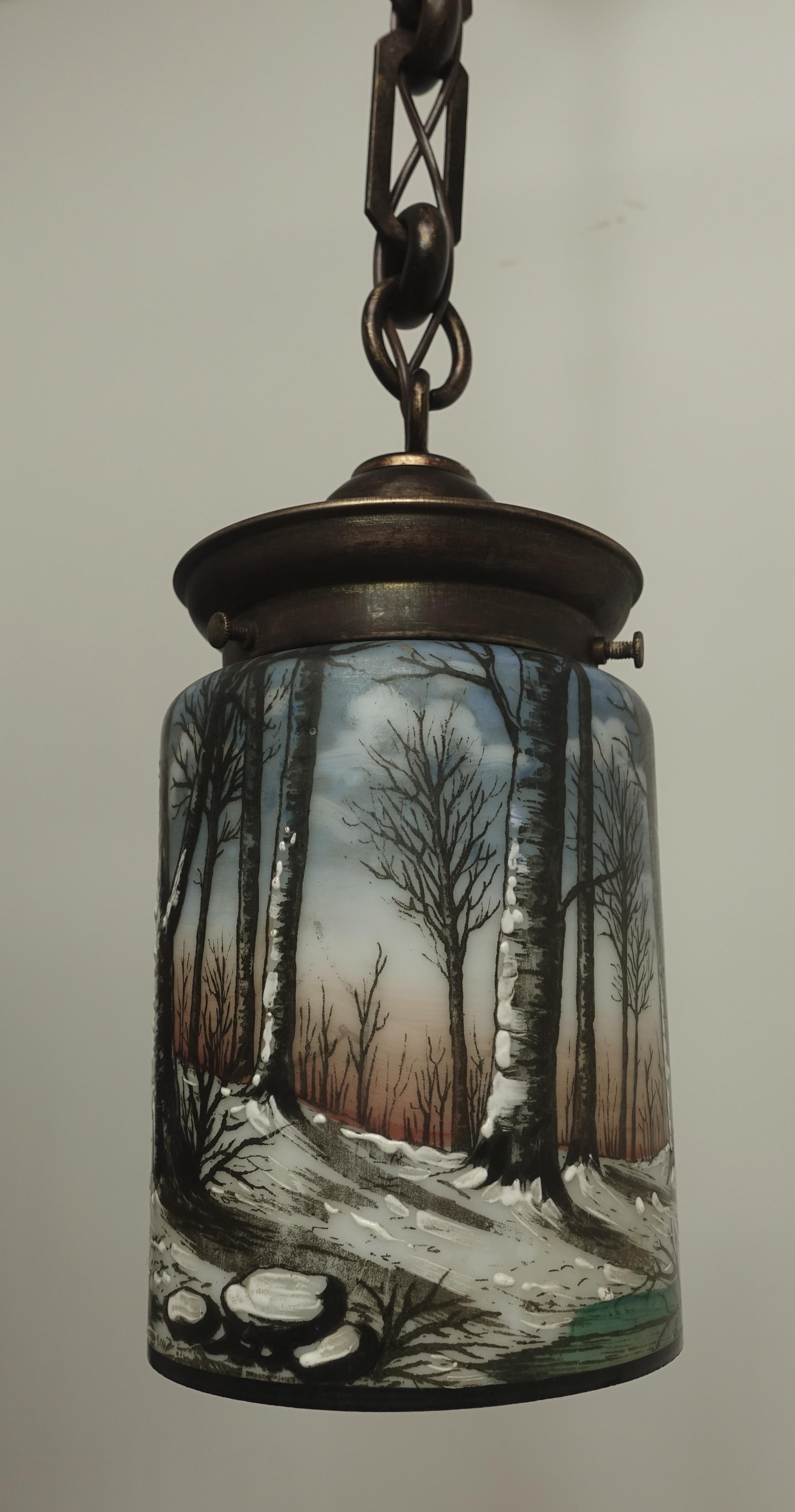 American Arts & Crafts Enameled Glass Hanging Lantern 4