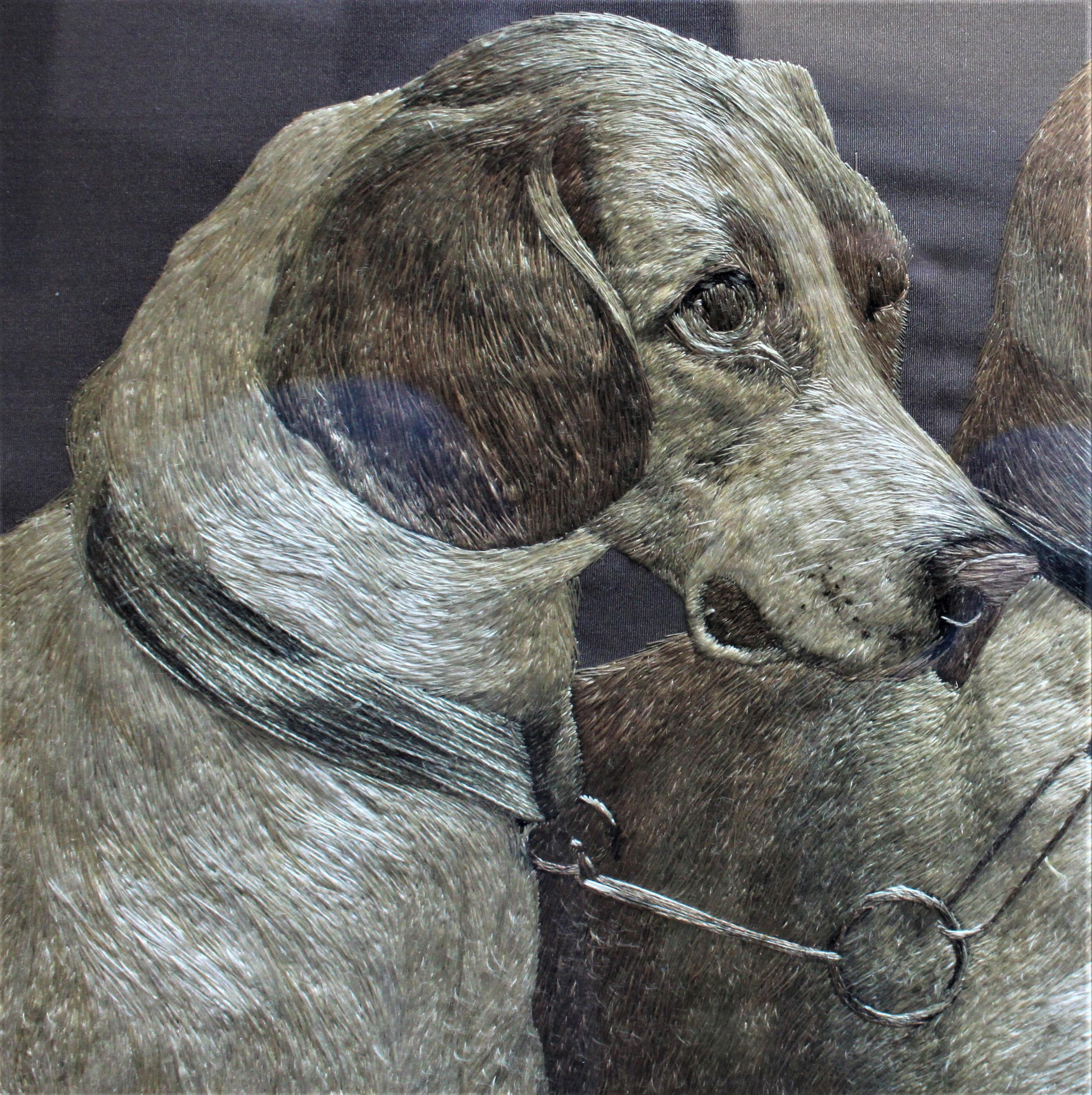 American Craftsman broderie américaine en soie encadrée Arts & Crafts représentant deux chiens en vente