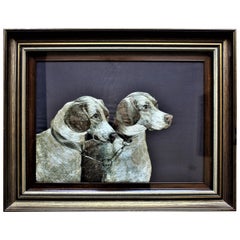 Amerikanische Arts and Crafts-Seidenstickerei mit zwei Hunden, gerahmt