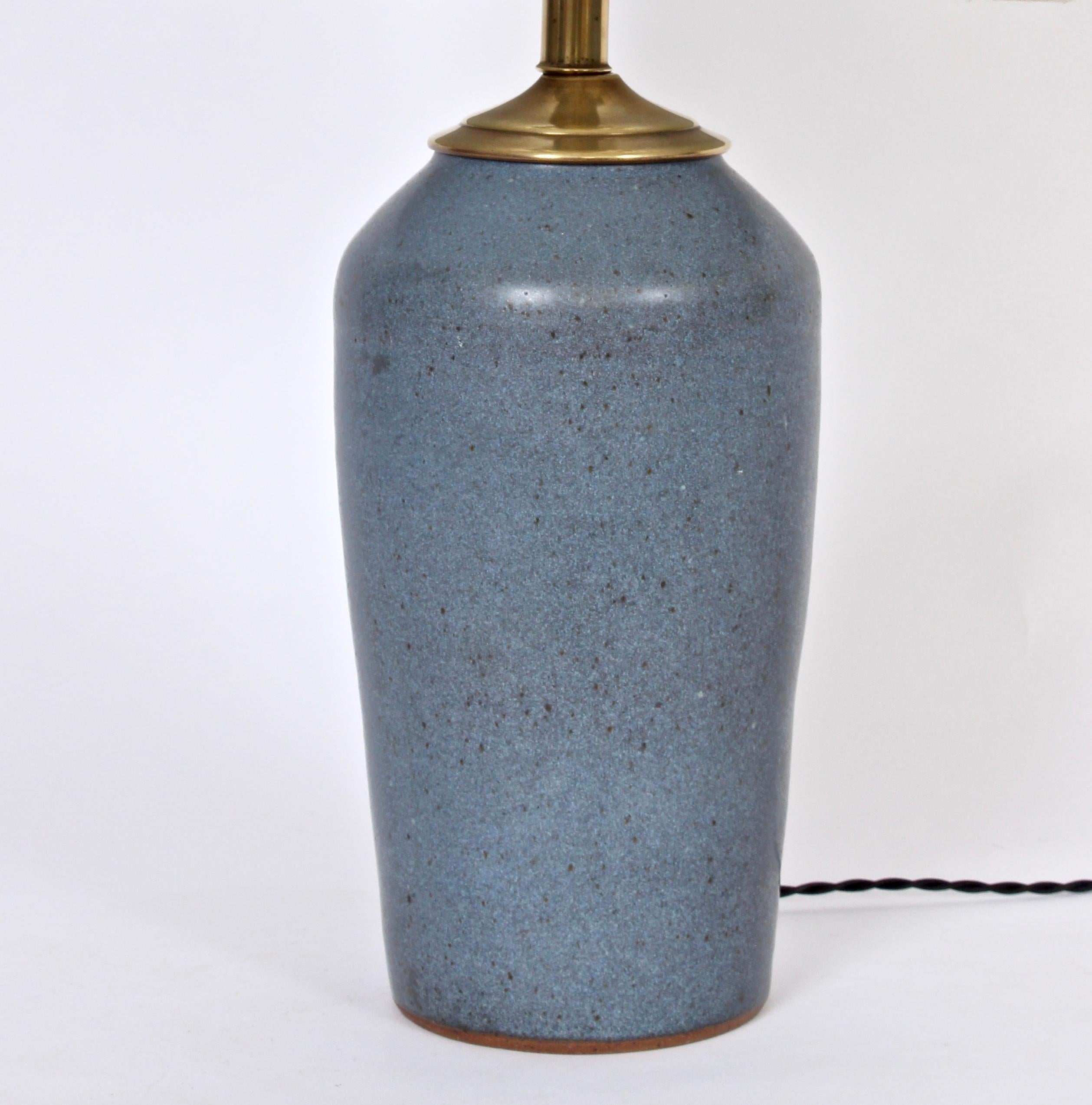 Signed American Arts & Crafts Glazed Blue Pottery Table Lamp In Good Condition In Bainbridge, NY