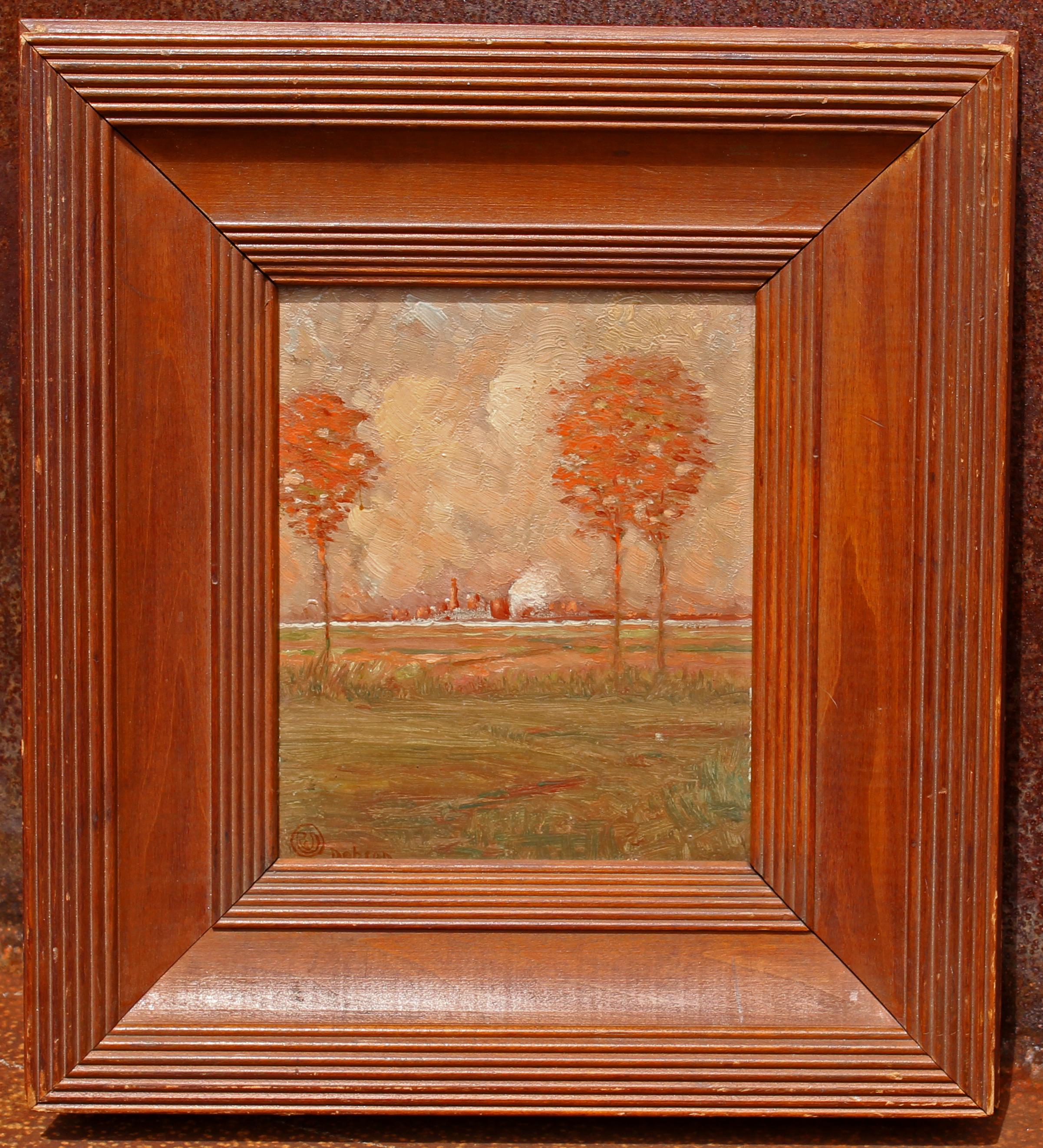 Tonalist landscape oil painting by Robert Cairns Dobson, American oil painting on academy board. In a well matched original frame. Signed and monogrammed lower left, early 20th century. Inscribed on reverse and dated 1909. Dobson (1881-1916) was