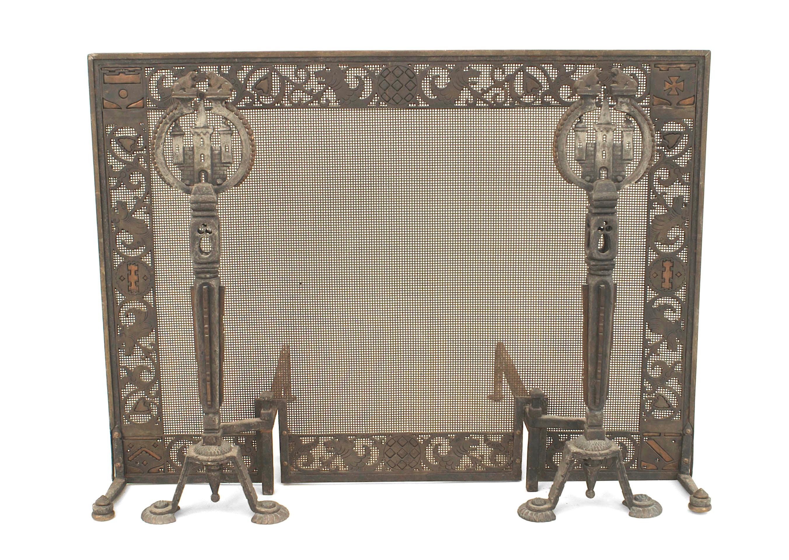 American Arts and Crafts wrought iron and bronze fire place andirons and screen with castles and griffins.
