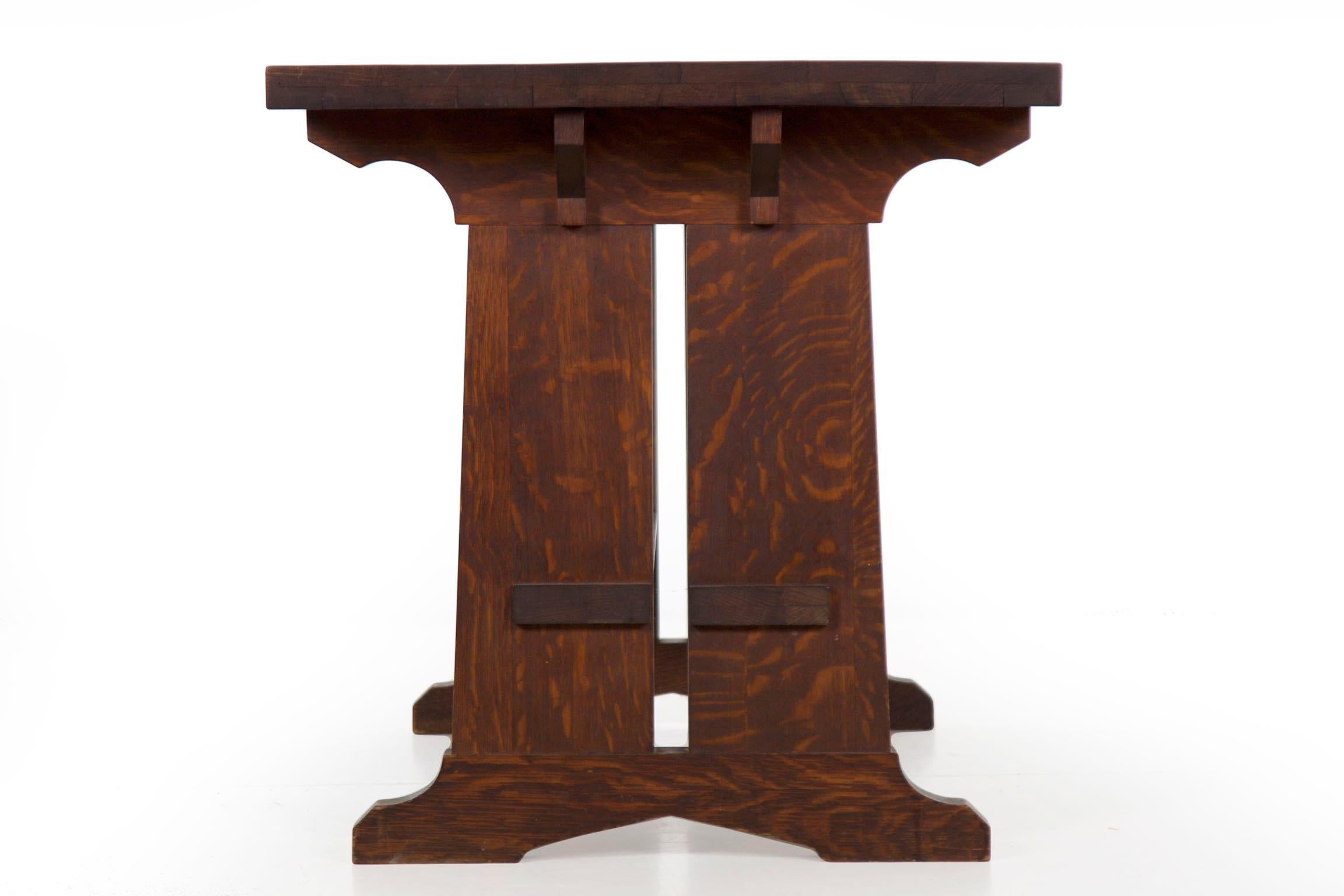 American Arts & Crafts Oak Antique Trestle Writing Desk Table 8