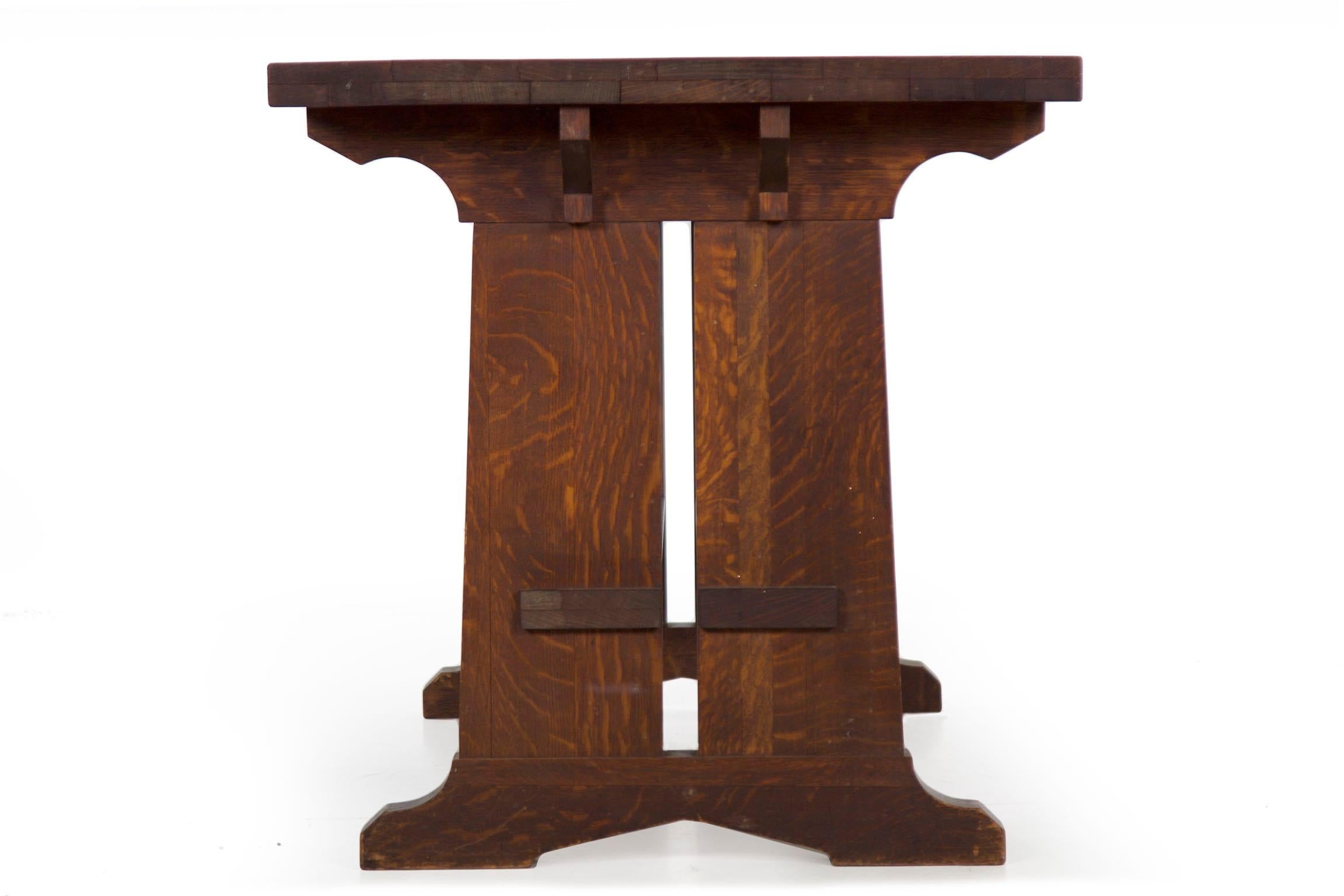20th Century American Arts & Crafts Oak Antique Trestle Writing Desk Table