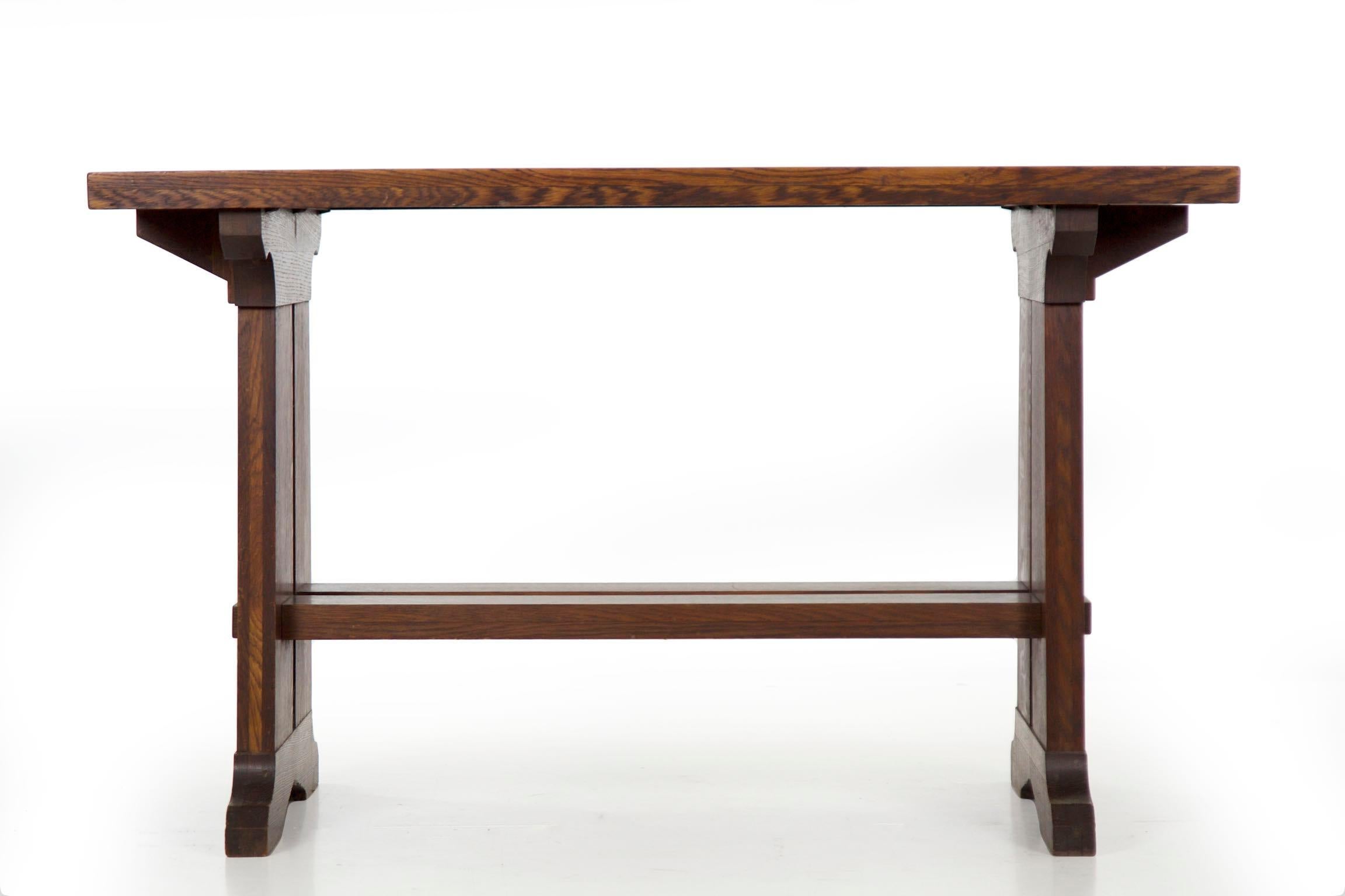 American Arts & Crafts Oak Antique Trestle Writing Desk Table 4