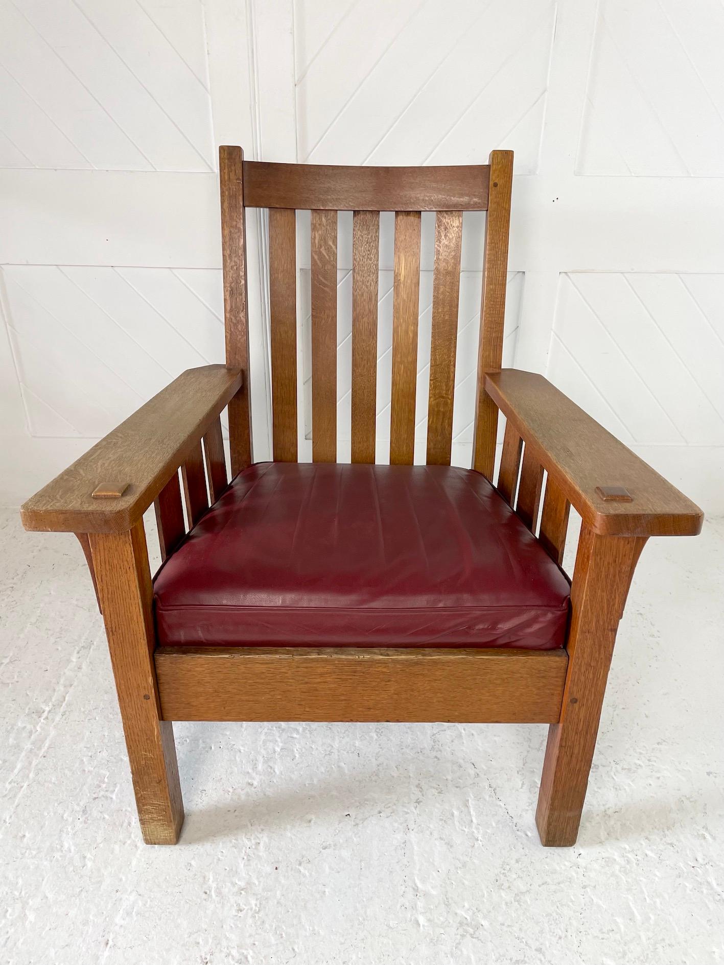 American Arts & Crafts oak over-sized armchair
Through tenon detailing and slatted back
Currently upholstered in maroon leather
Attributed to Gustav Stickley
Circa 1900
Height 103cm Depth 80cm Width 88cm
Seat Height 48cm

Gustav Stickley (1858-1942)