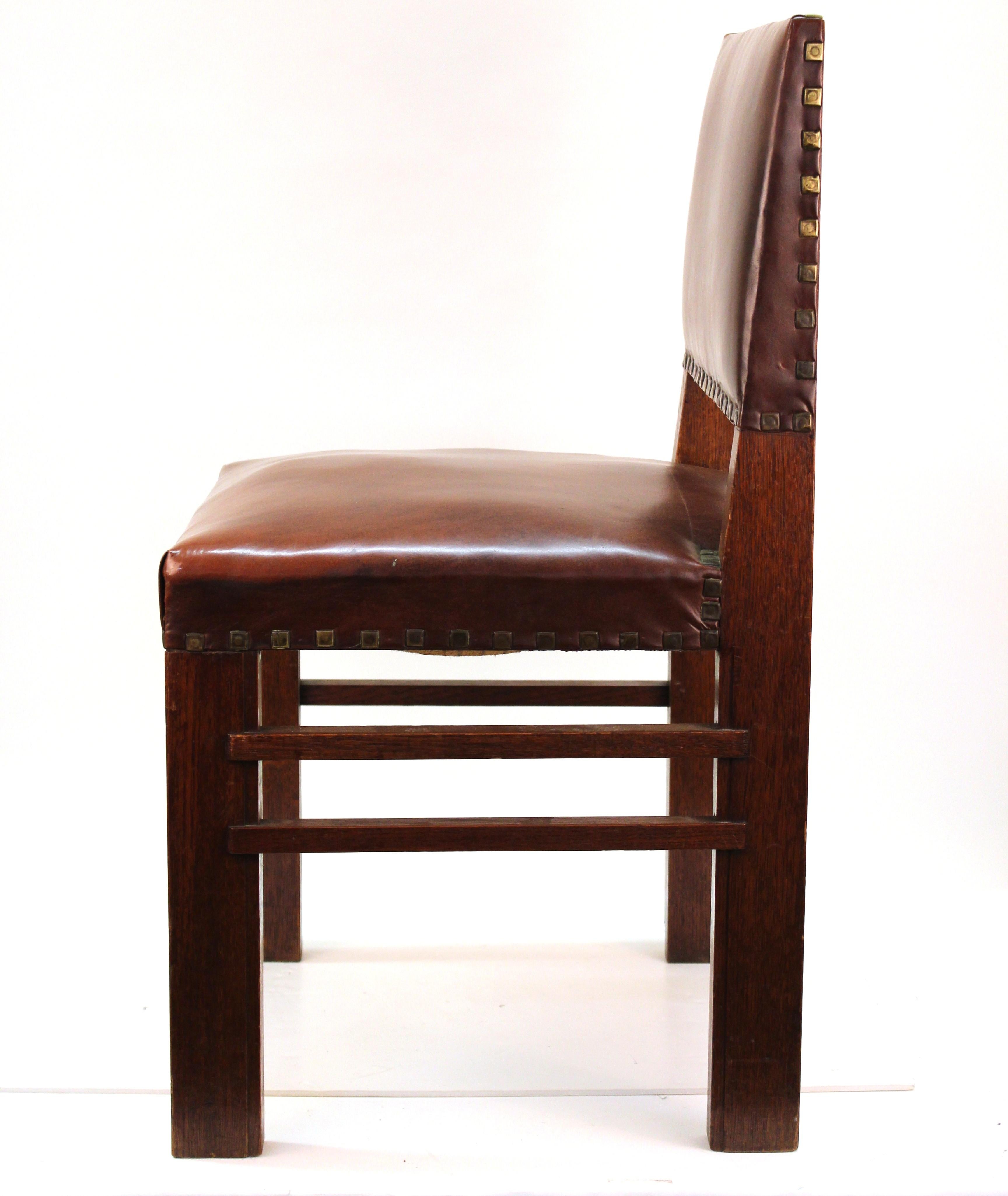 Arts and Crafts American Arts & Crafts Oak Chairs with Cognac Colored Leather Seats For Sale