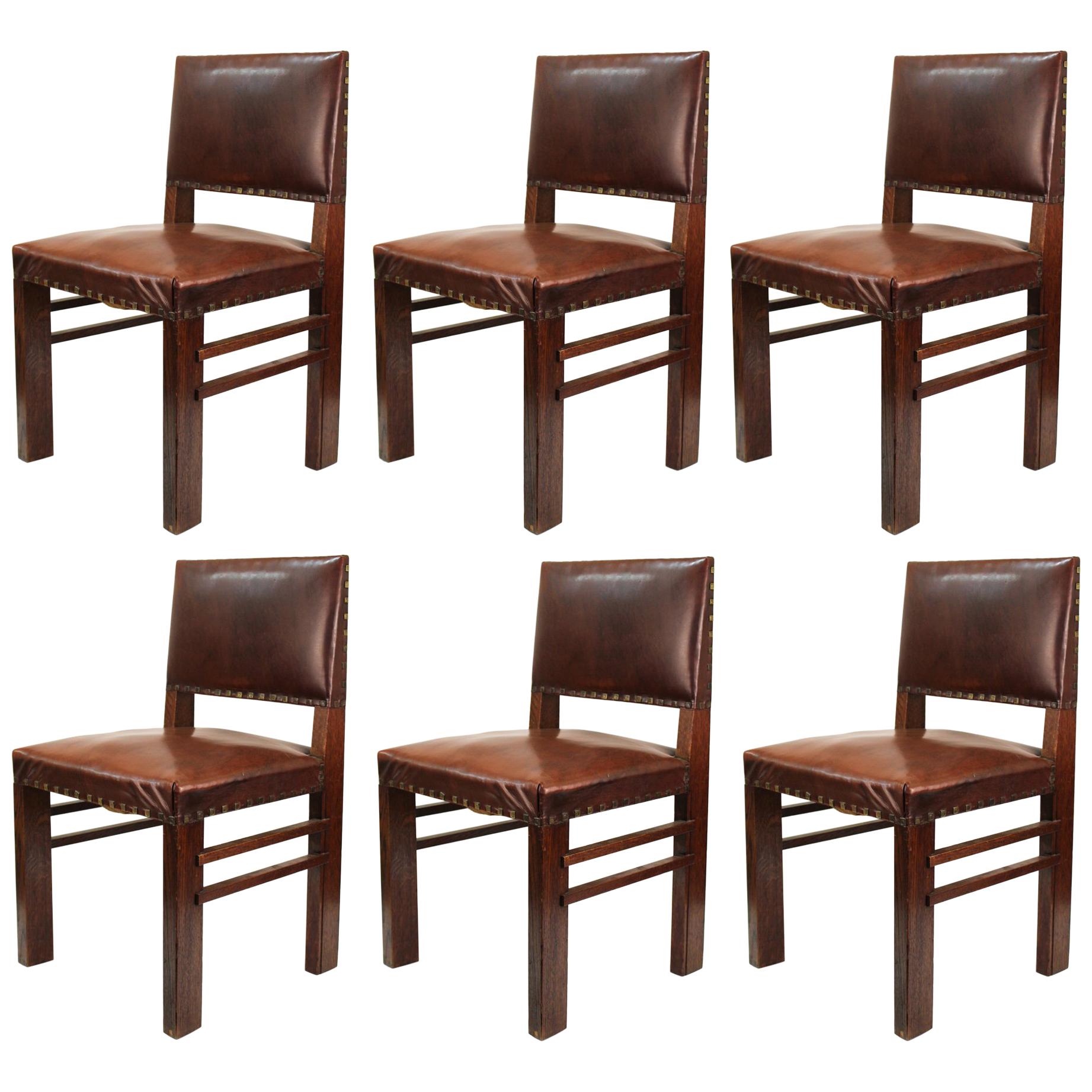 American Arts & Crafts Oak Chairs with Cognac Colored Leather Seats For Sale