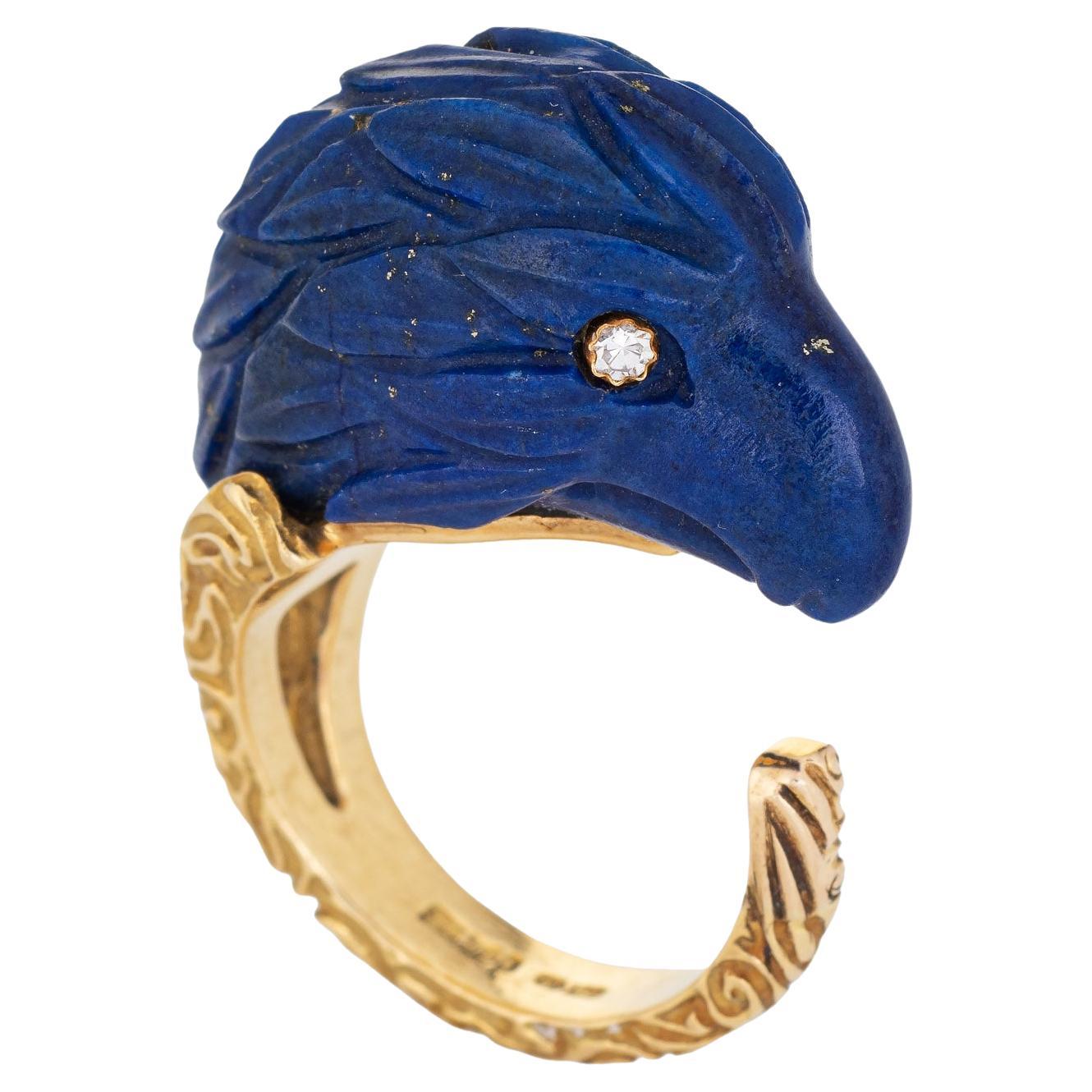 American Bald Eagle Ring Carved Lapis Lazuli 18k Yellow Gold Vintage Jewelry 5 For Sale