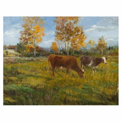 American Barbizon Antique Landscape Painting of Cows by Andrew Curtin Davis