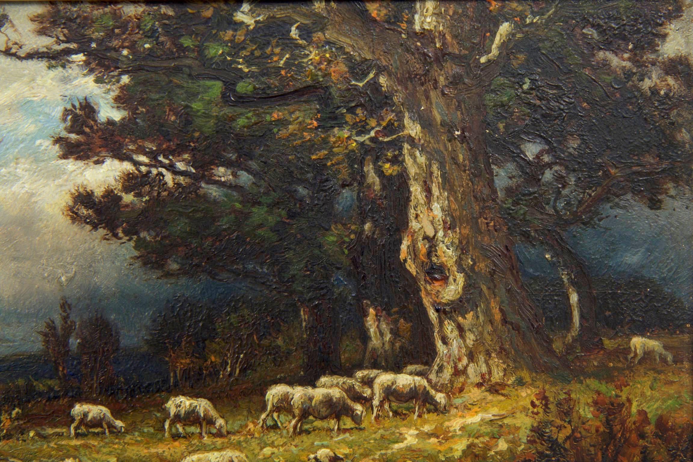 Barbizon School American Barbizon Antique Oil Painting of Sheep by Carleton Wiggins