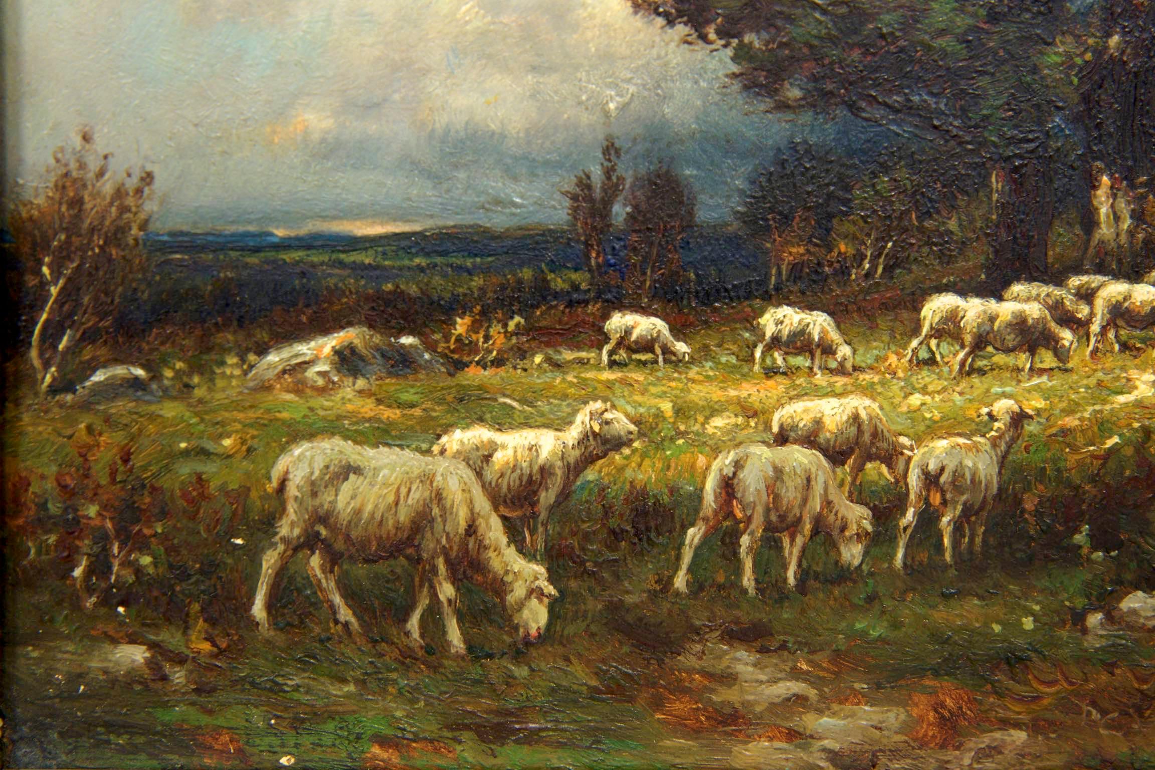 Painted American Barbizon Antique Oil Painting of Sheep by Carleton Wiggins