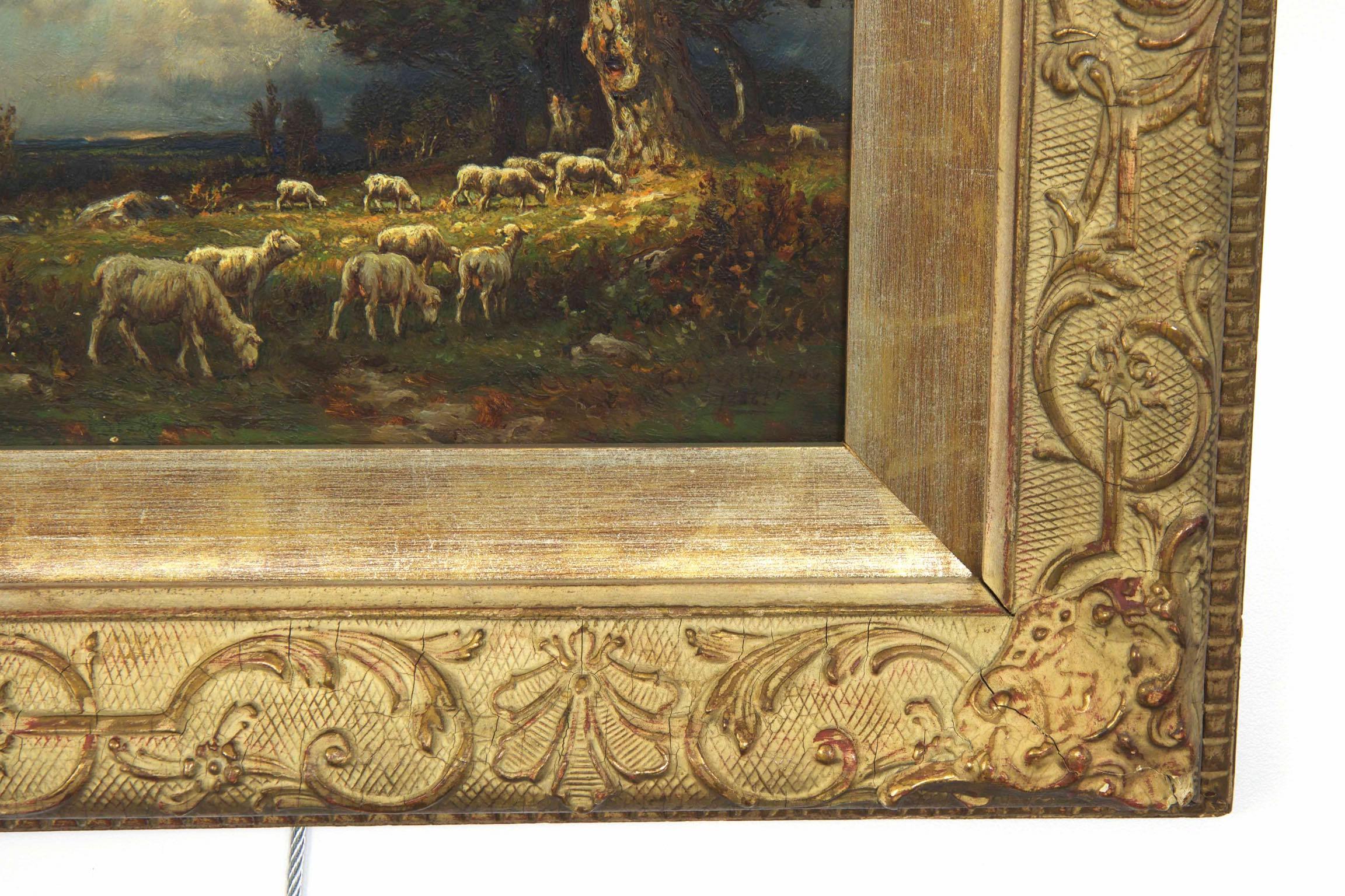 Canvas American Barbizon Antique Oil Painting of Sheep by Carleton Wiggins