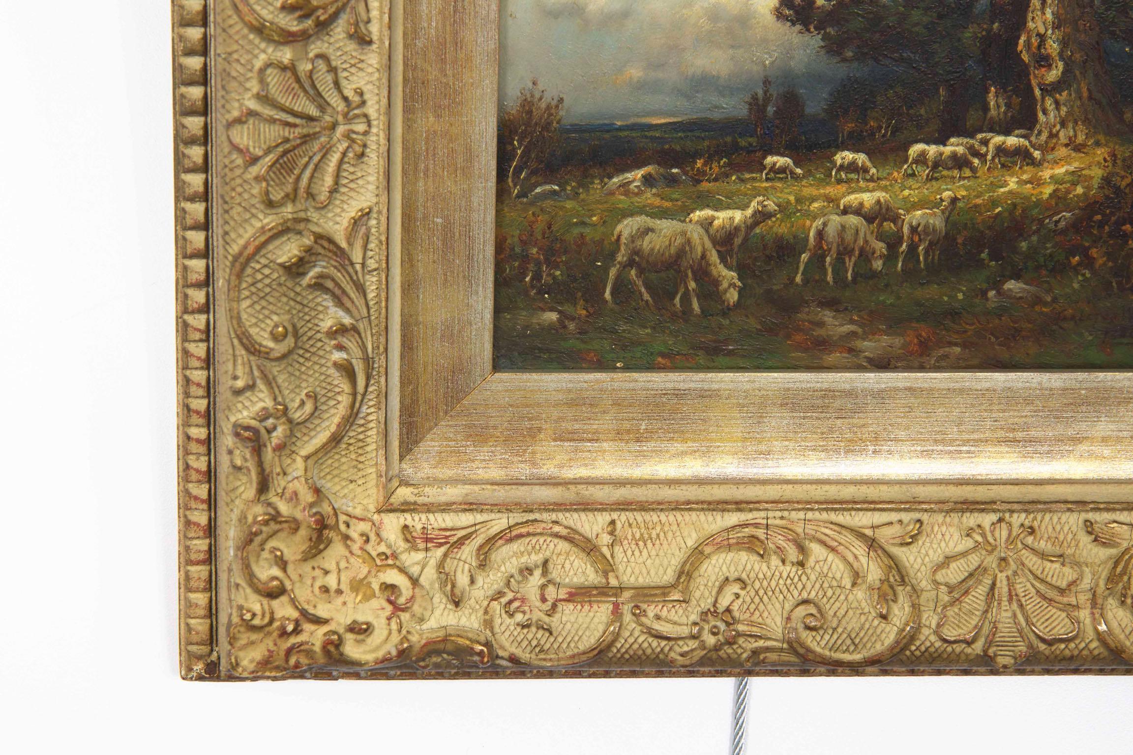 American Barbizon Antique Oil Painting of Sheep by Carleton Wiggins 1
