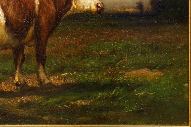 Canvas American Barbizon Landscape Painting of Young Cow by John Carleton Wiggins For Sale