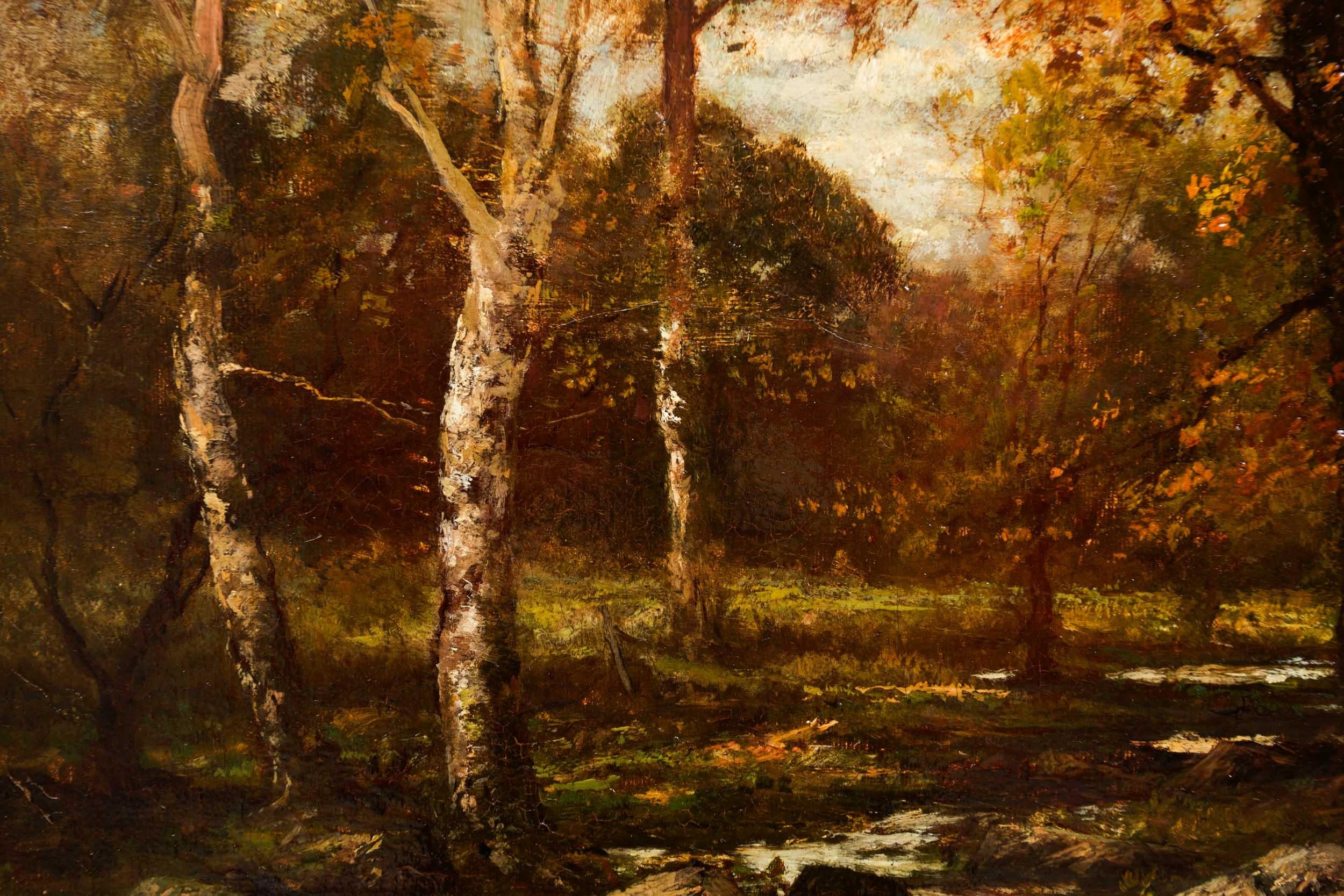 American Barbizon Painting with Autumn Landscape of Birches by Charles Linford 8