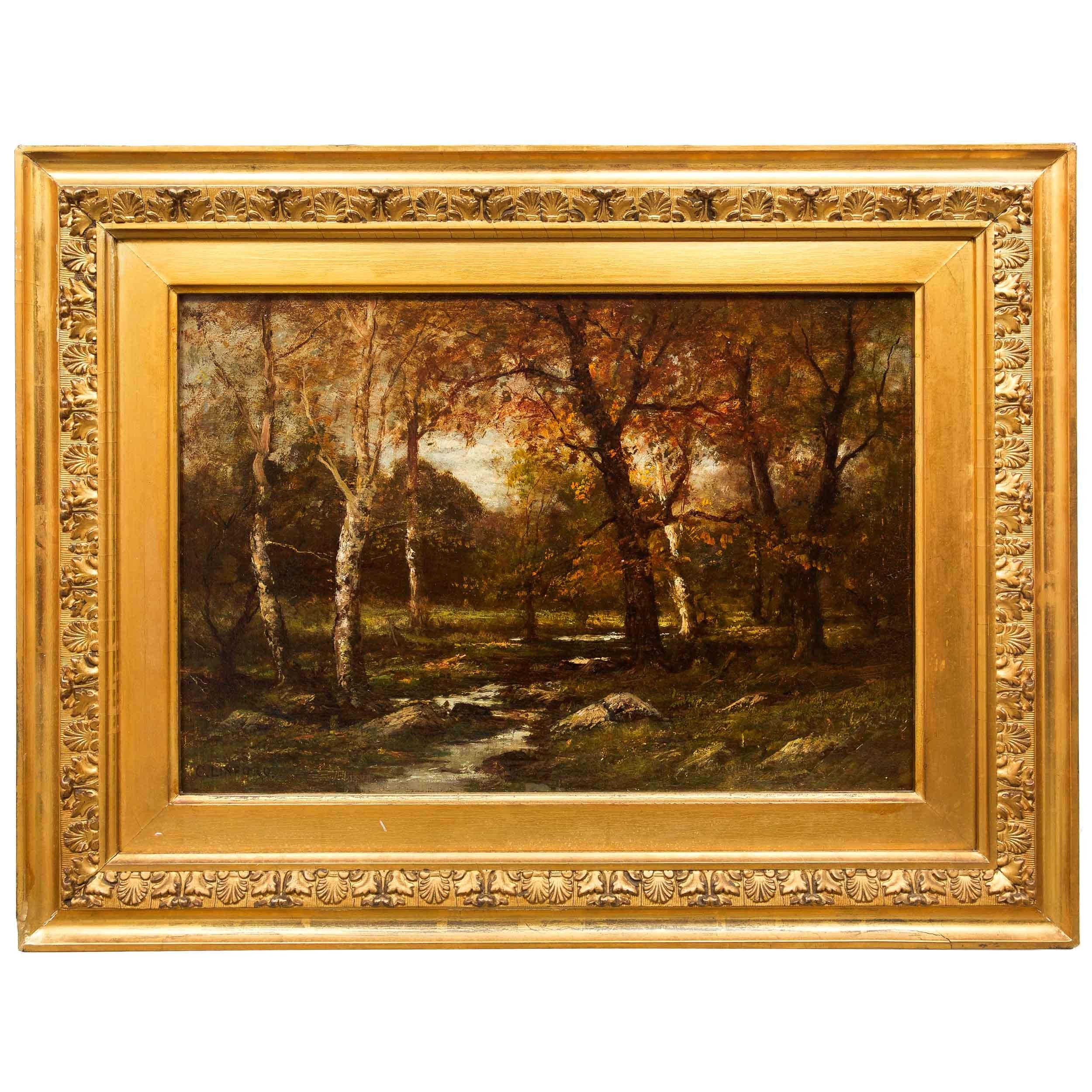 A warm autumn view capturing birch trees in a loosely wooded forest with a small stream meandering through the center, it is an interesting work for the use of light throughout the scene. Captured during the late hours of the day as the sun is