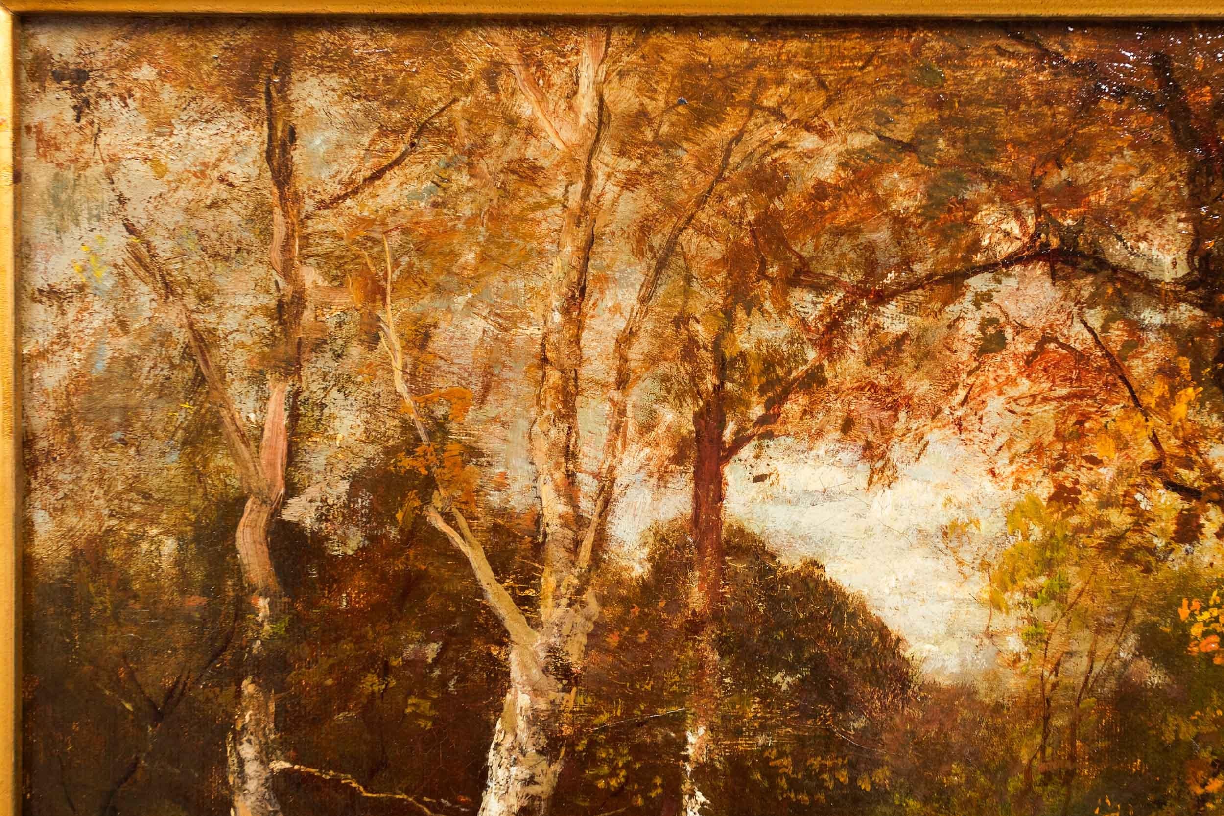 Barbizon School American Barbizon Painting with Autumn Landscape of Birches by Charles Linford