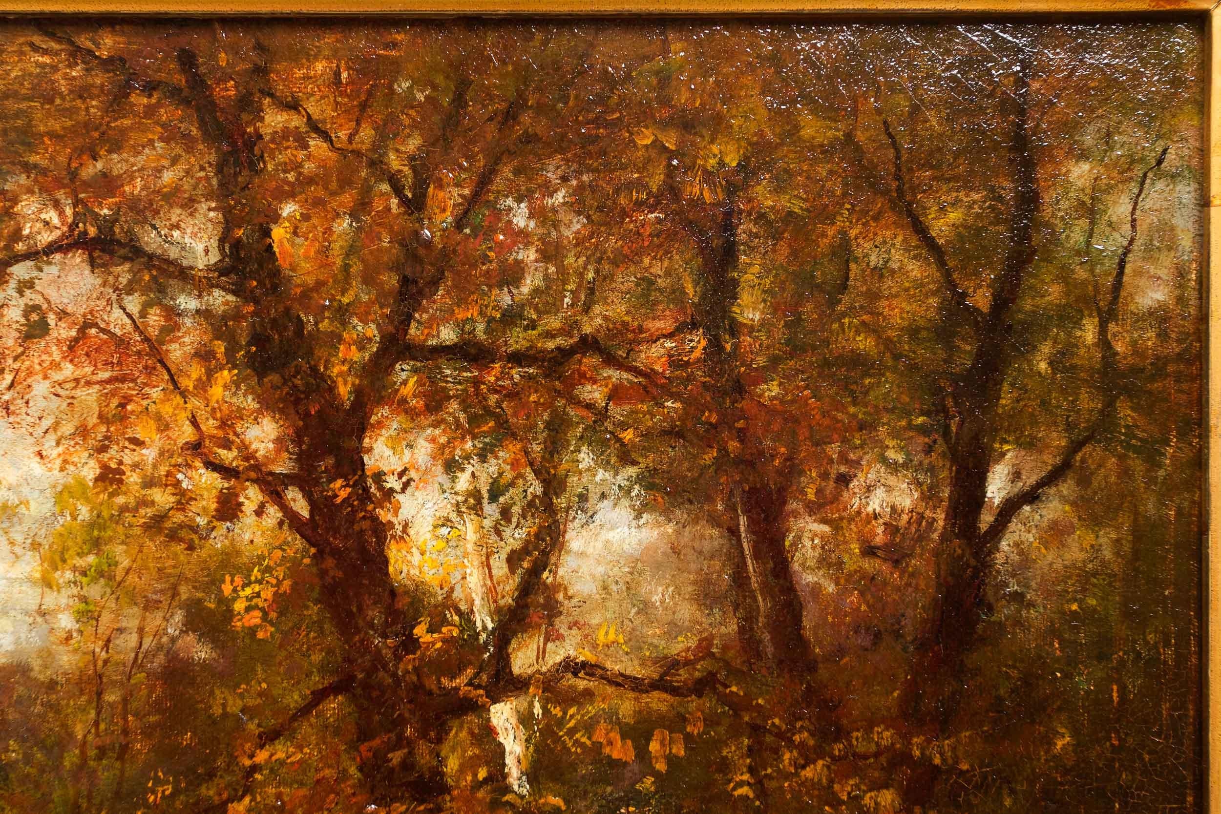 American Barbizon Painting with Autumn Landscape of Birches by Charles Linford In Good Condition In Shippensburg, PA