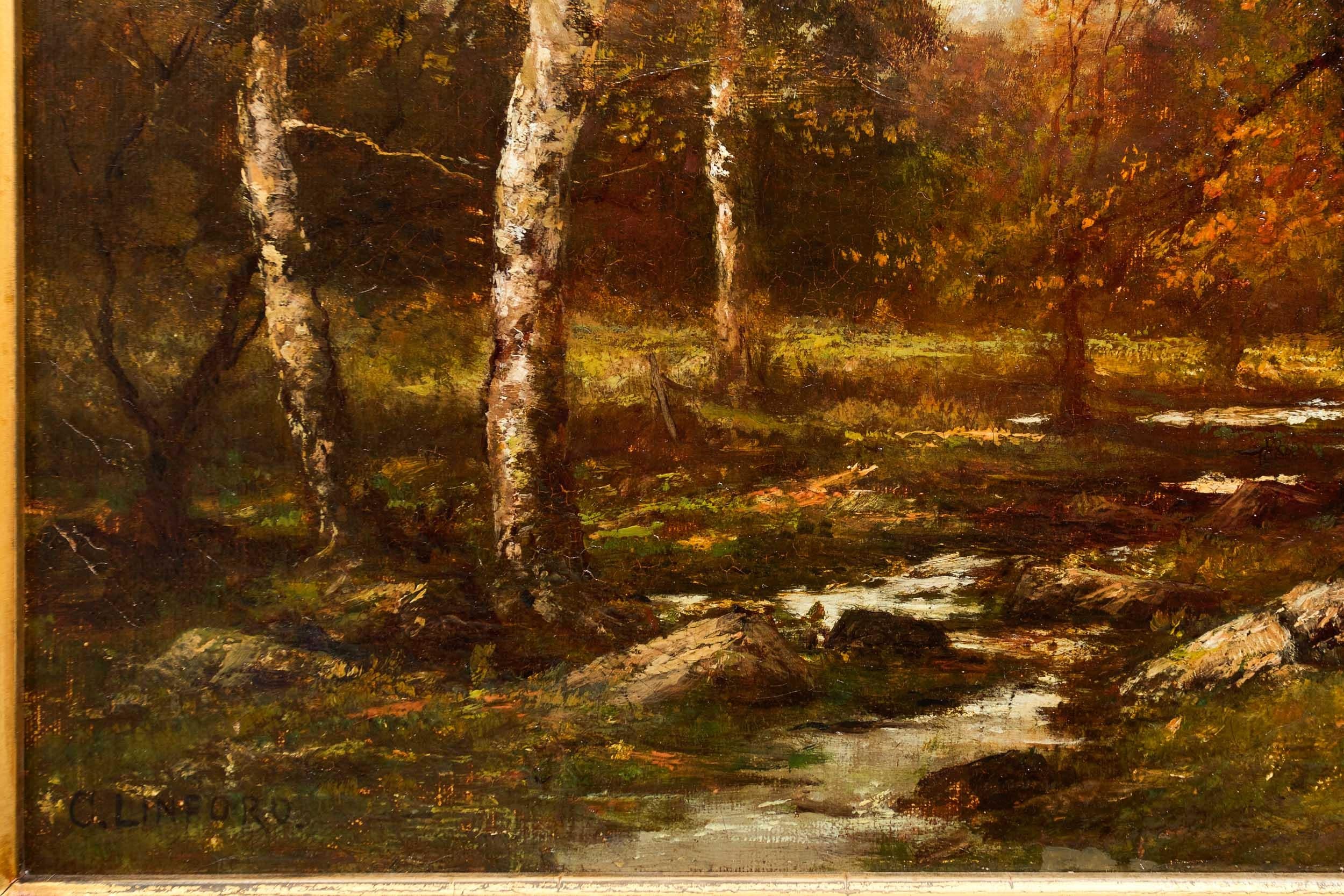 Canvas American Barbizon Painting with Autumn Landscape of Birches by Charles Linford