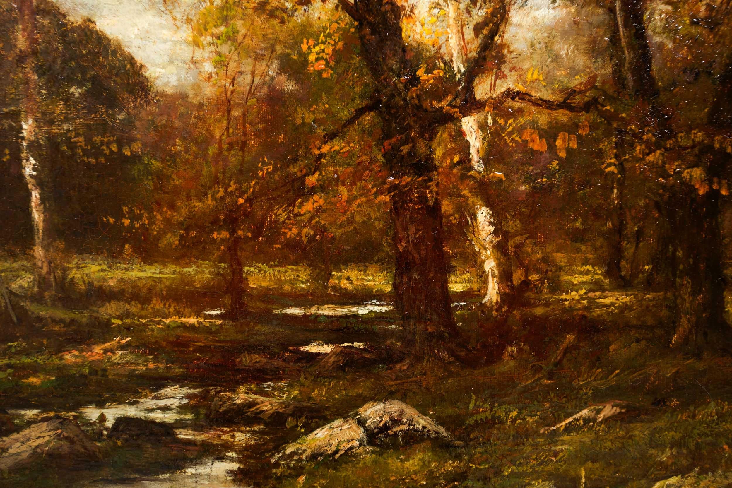 American Barbizon Painting with Autumn Landscape of Birches by Charles Linford 3