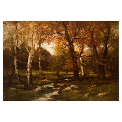 American Barbizon Painting with Autumn Landscape of Birches by Charles Linford