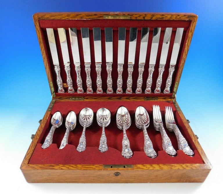 Dinner size American Beauty by Shiebler/Mauser sterling silver flatware set with rose motif in fitted vintage chest - 59 pieces. This set includes:

12 dinner size knives, 10