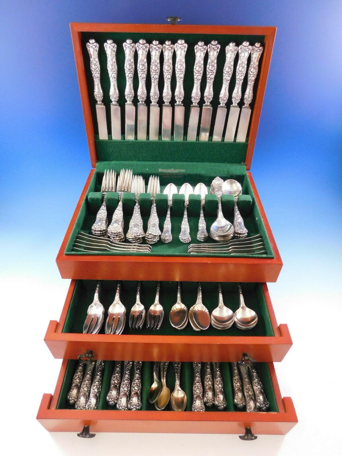 Monumental American beauty by Shiebler/Mauser sterling silver flatware set with rose motif, 144 pieces. This set includes:

12 dinner size knives w/blunt silver plated blades,10