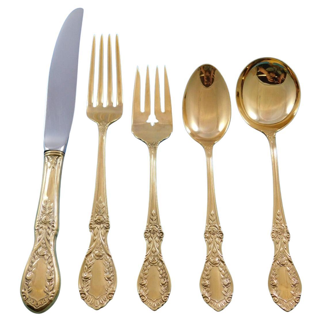 American Beauty Gold by Manchester Sterling Silver Flatware Set Service 66 Pcs For Sale