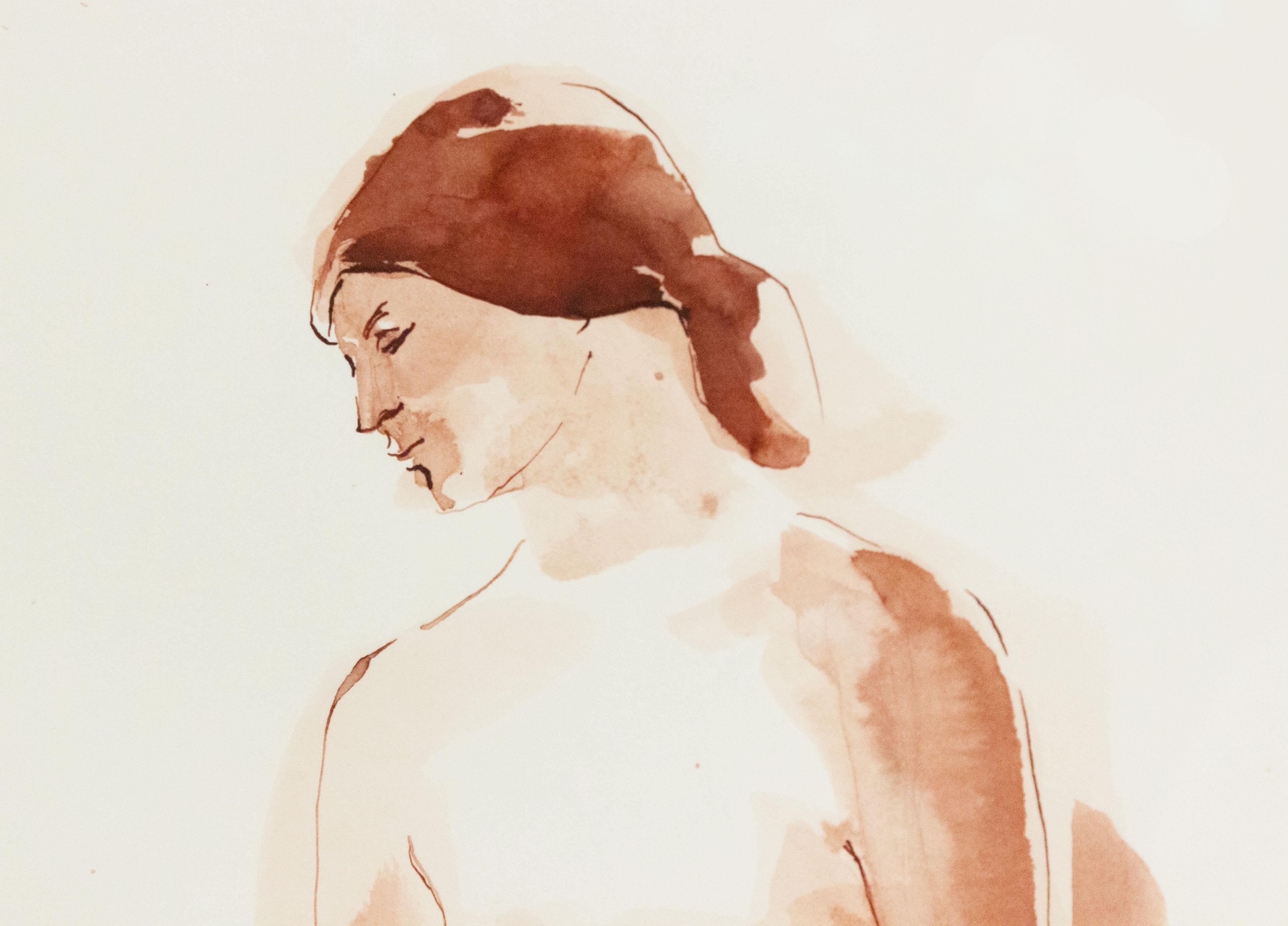 Mid-Century Modern American Beige Watercolor Figures For Sale
