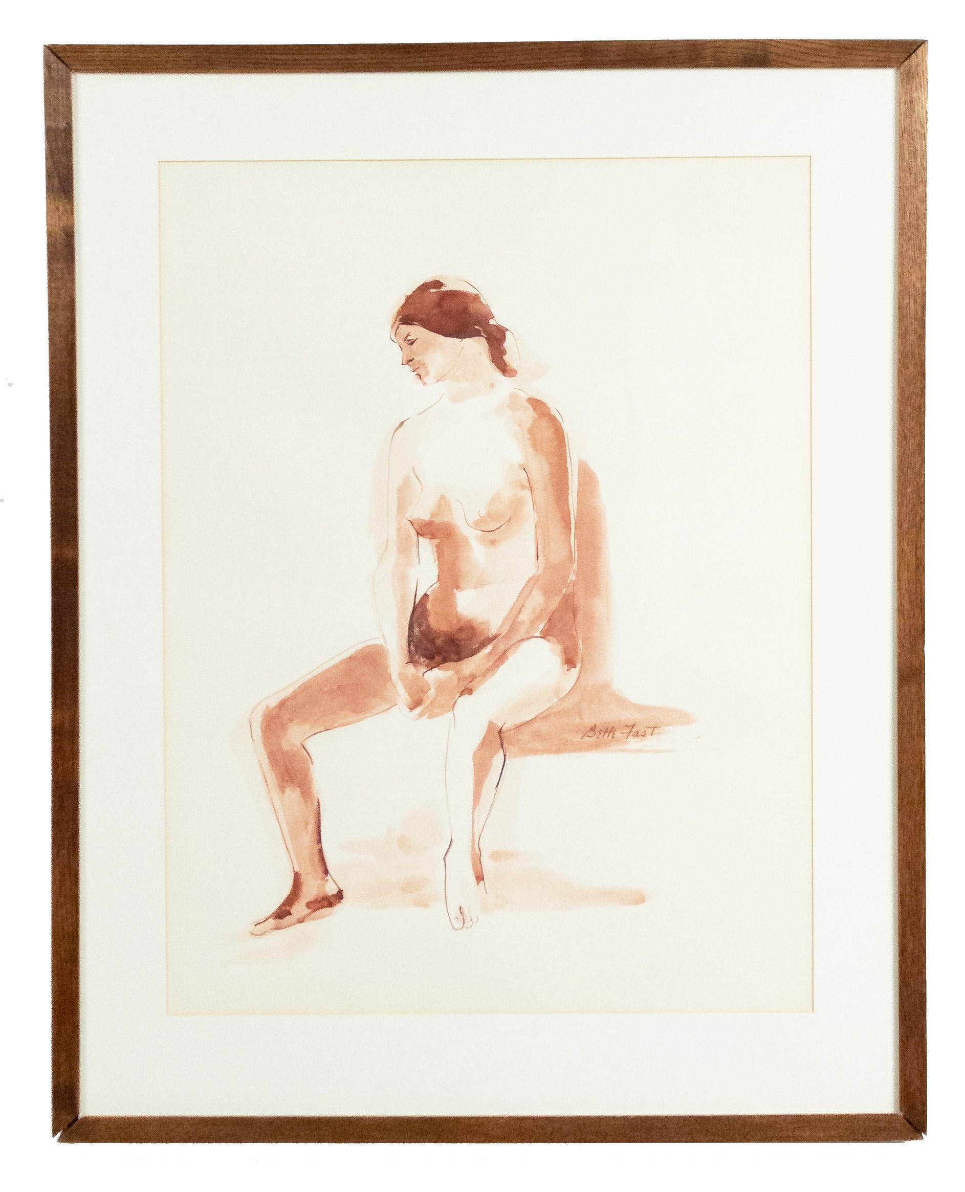 American Beige Watercolor Figures In Good Condition For Sale In Queens, NY