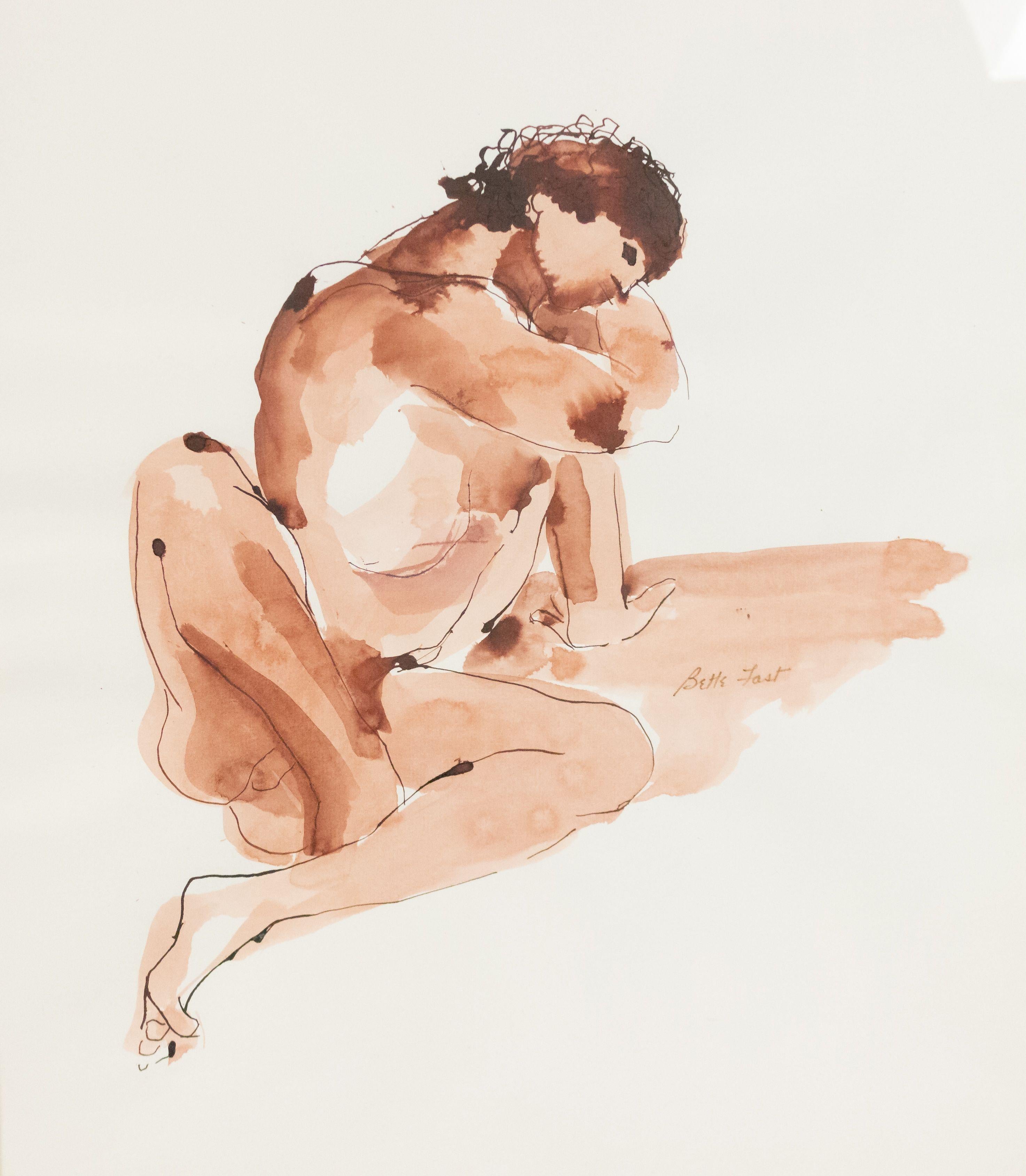20th Century American Beige Watercolor Figures For Sale