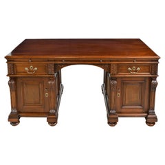 Antique American Belle Époque Pedestal Desk ‘Partners' Desk’ in Carved Mahogany