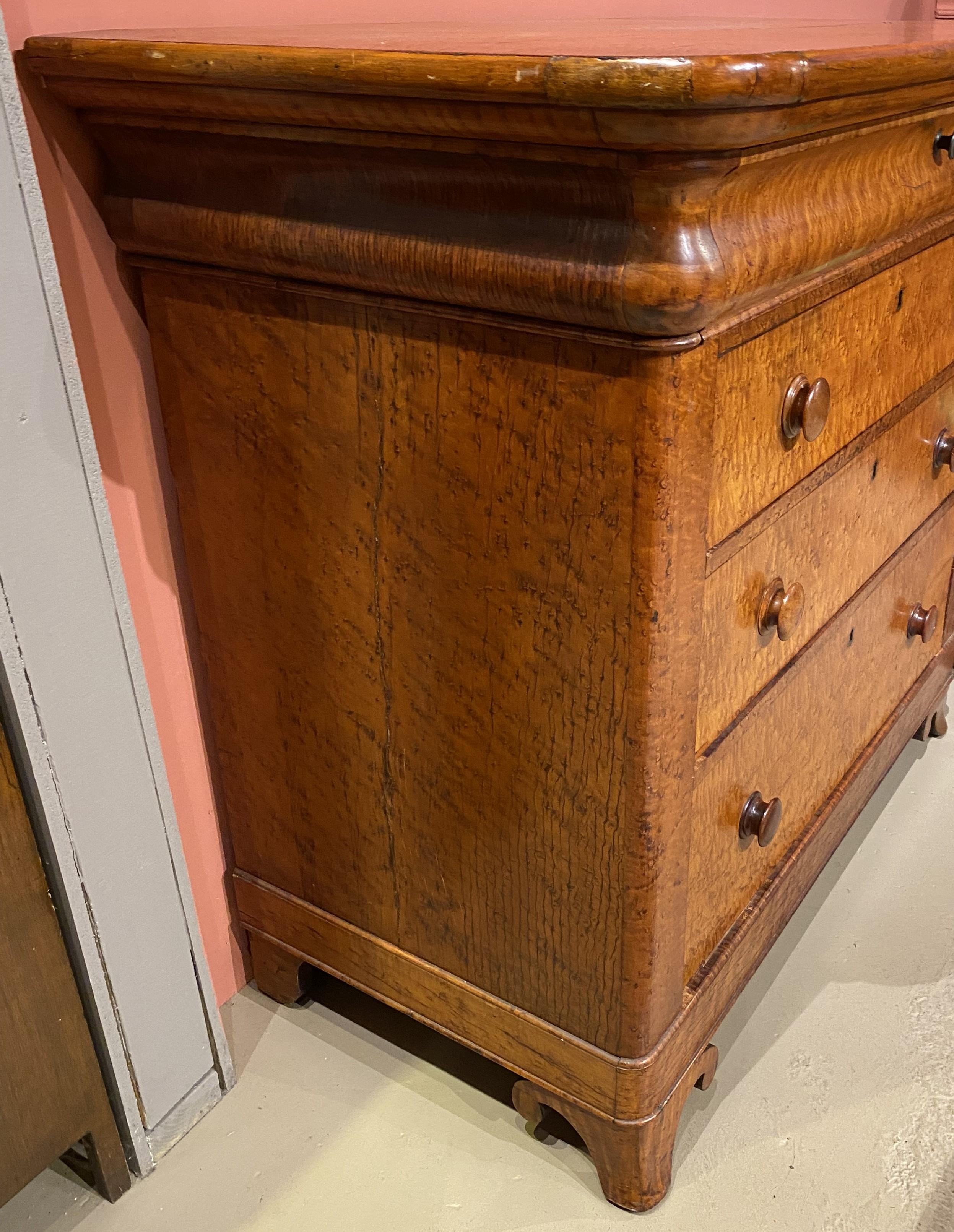 Hand-Carved American Birds Eye Maple Empire Four Drawer Chest circa 1830’s
