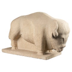 "American Bison" : Straight hand-carved stone sculpture C.1930-50 ITS