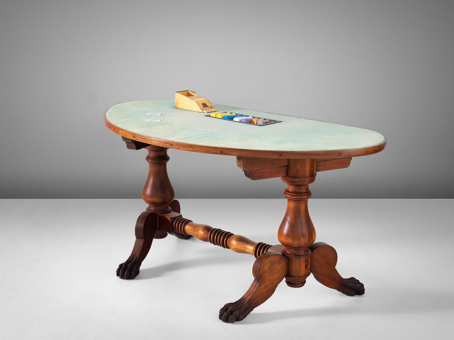 Game table, in mahogany, brass and fabric, United States, 1940s. 

A beautiful antique American mahogany blackjack table in its original condition. Complete with original cardholder. The wooden frame is highly detailed and shows great craftsmanship.