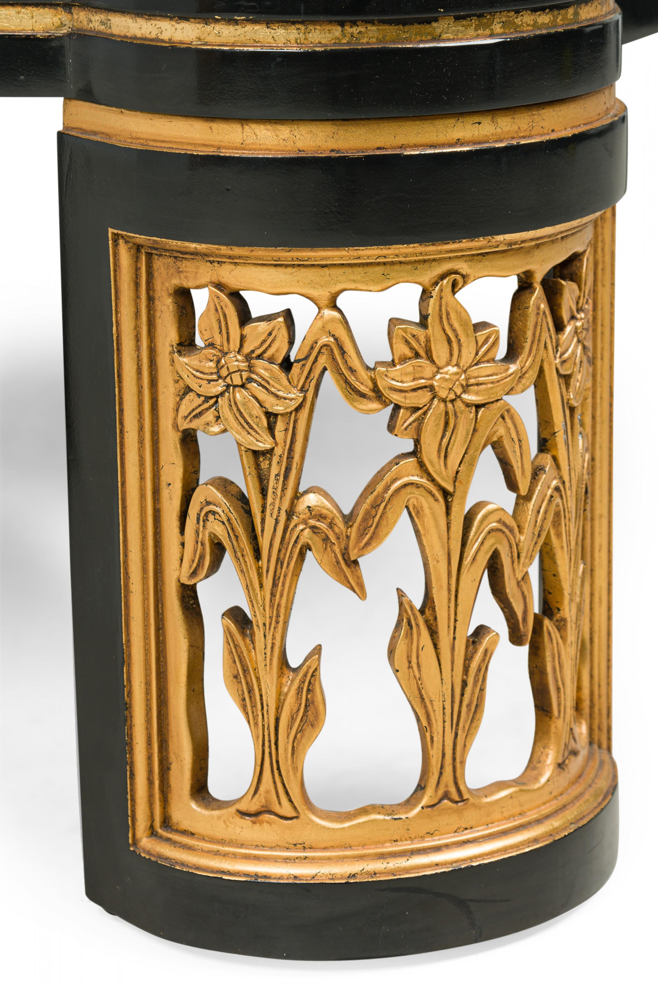 American Mid-Century low / coffee table features a black lacquered top with rounded out corners and incised parcel gilt trim, connected to four demilune legs with reticulated floral carvings. (attributed to JAMES MONT)
 

 Wear to finish on the