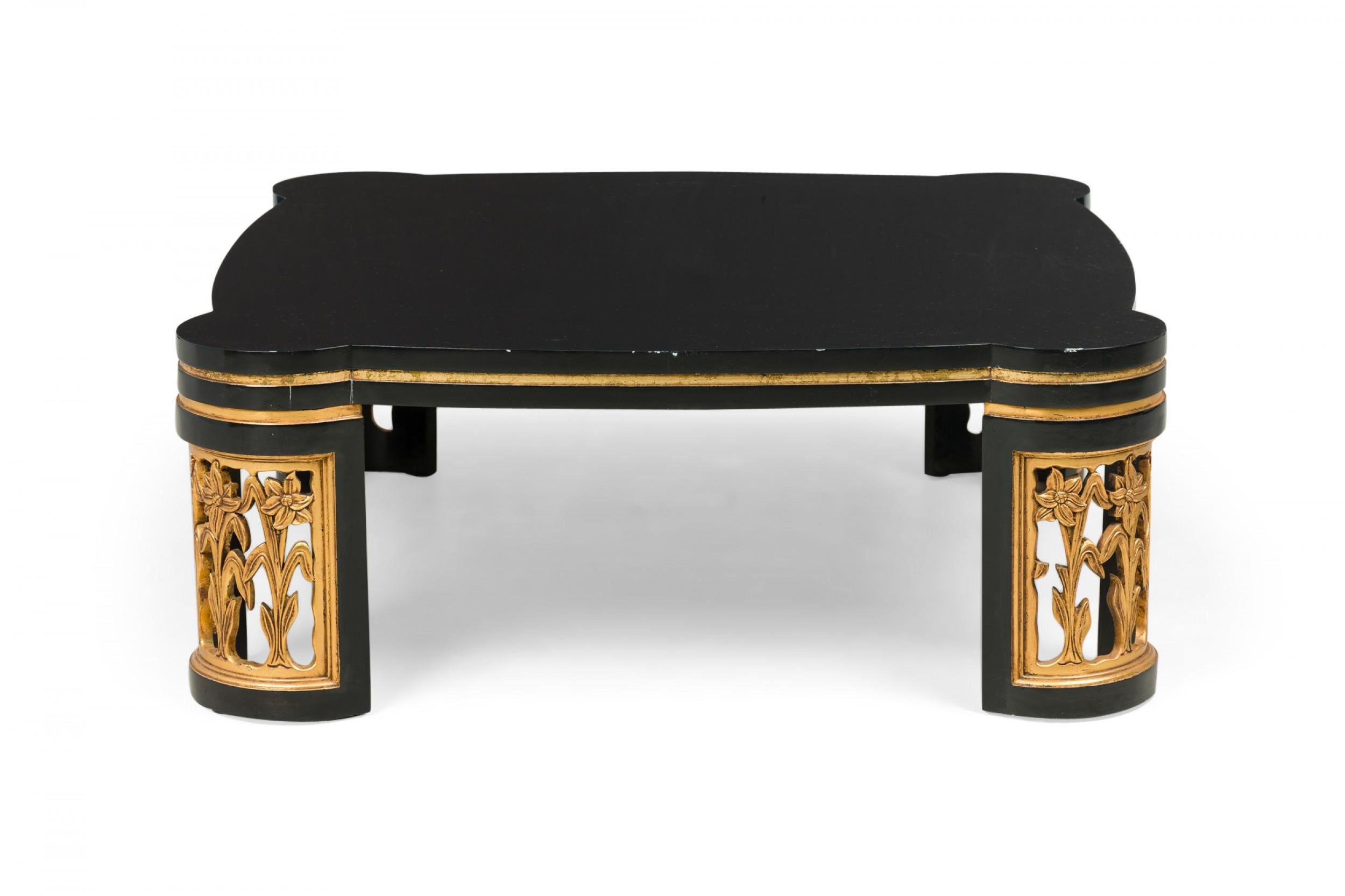 Mid-Century Modern Table basse/table basse en laque noire américaine à motifs floraux dorés, attribuée à Jame en vente