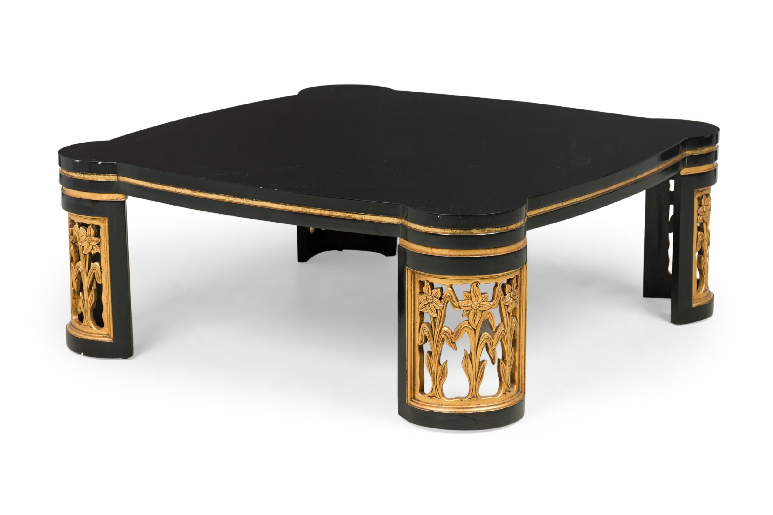 20th Century American Black Lacquer Floral Parcel Gilt Low / Coffee Table, Attributed to Jame For Sale