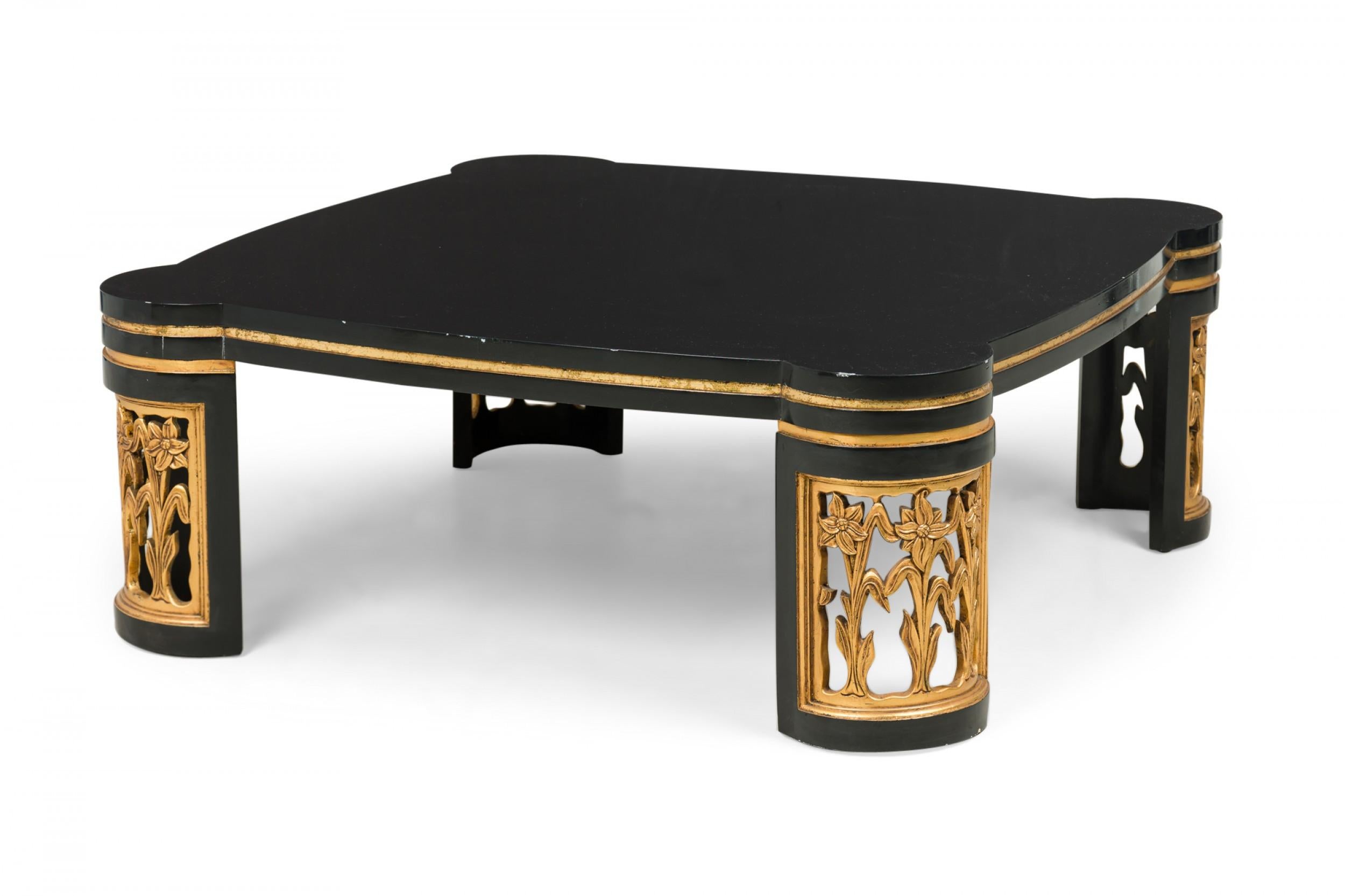 Wood American Black Lacquer Floral Parcel Gilt Low / Coffee Table, Attributed to Jame For Sale