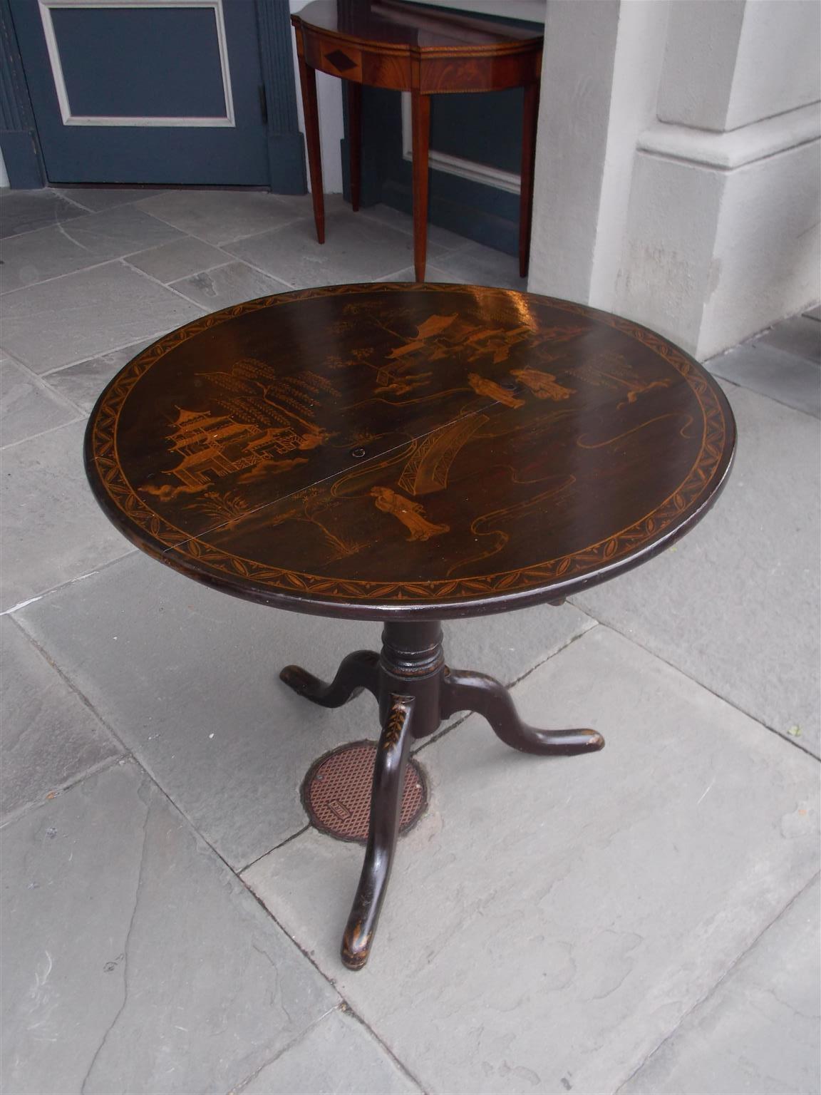 American Colonial American Black Lacquer Japanned Figural Tilt-Top Table, Circa 1770
