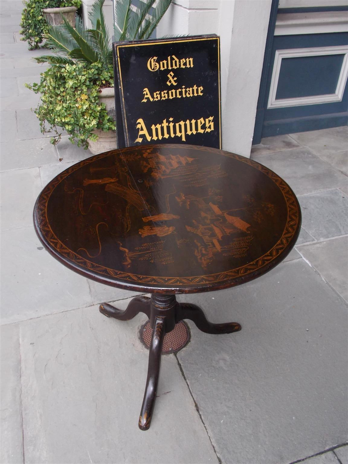 Blackened American Black Lacquer Japanned Figural Tilt-Top Table, Circa 1770