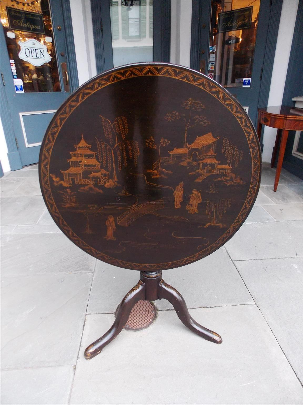 Late 18th Century American Black Lacquer Japanned Figural Tilt-Top Table, Circa 1770