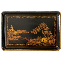 American Black Lacquer Wood and Papier Mâché Tray