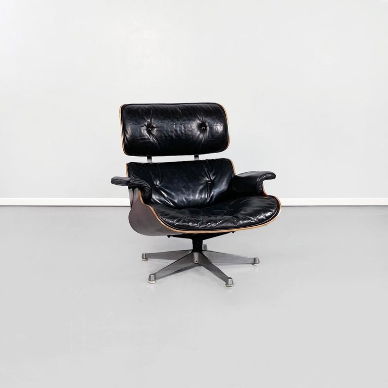Mid-Century Modern American Black Leather Wooden Lounge Chair 670 671 by Eames for Miller, 1970s For Sale