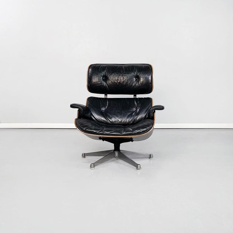 American Black Leather Wooden Lounge Chair 670 671 by Eames for Miller, 1970s In Good Condition For Sale In MIlano, IT
