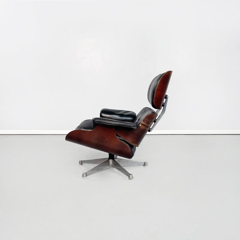 Late 20th Century American Black Leather Wooden Lounge Chair 670 671 by Eames for Miller, 1970s For Sale