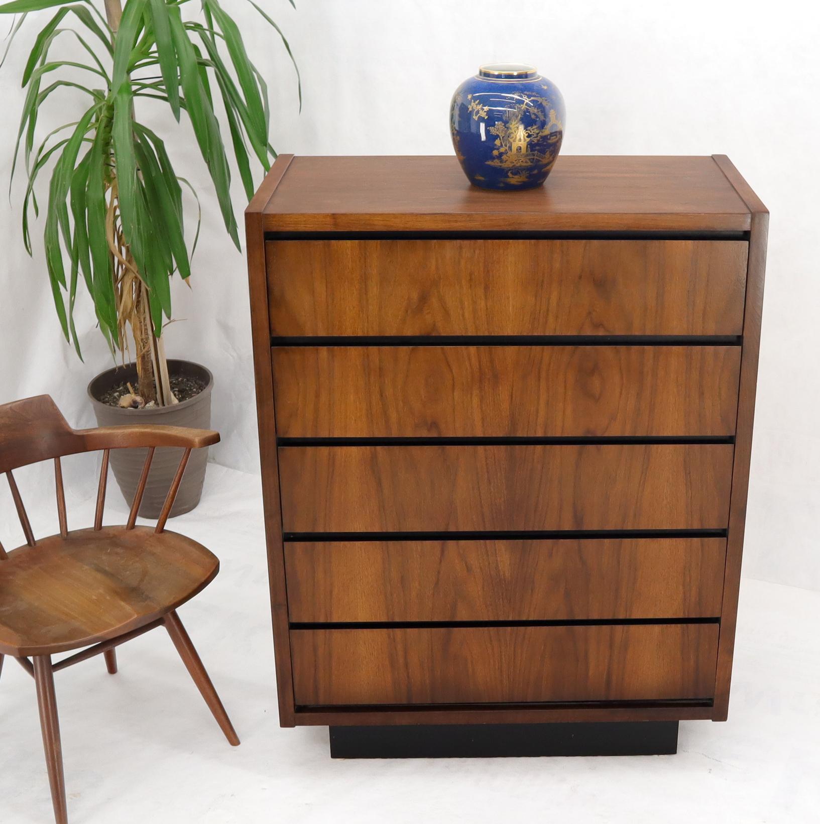 Super clean original condition five drawers American bookmached walnut high chest dresser.