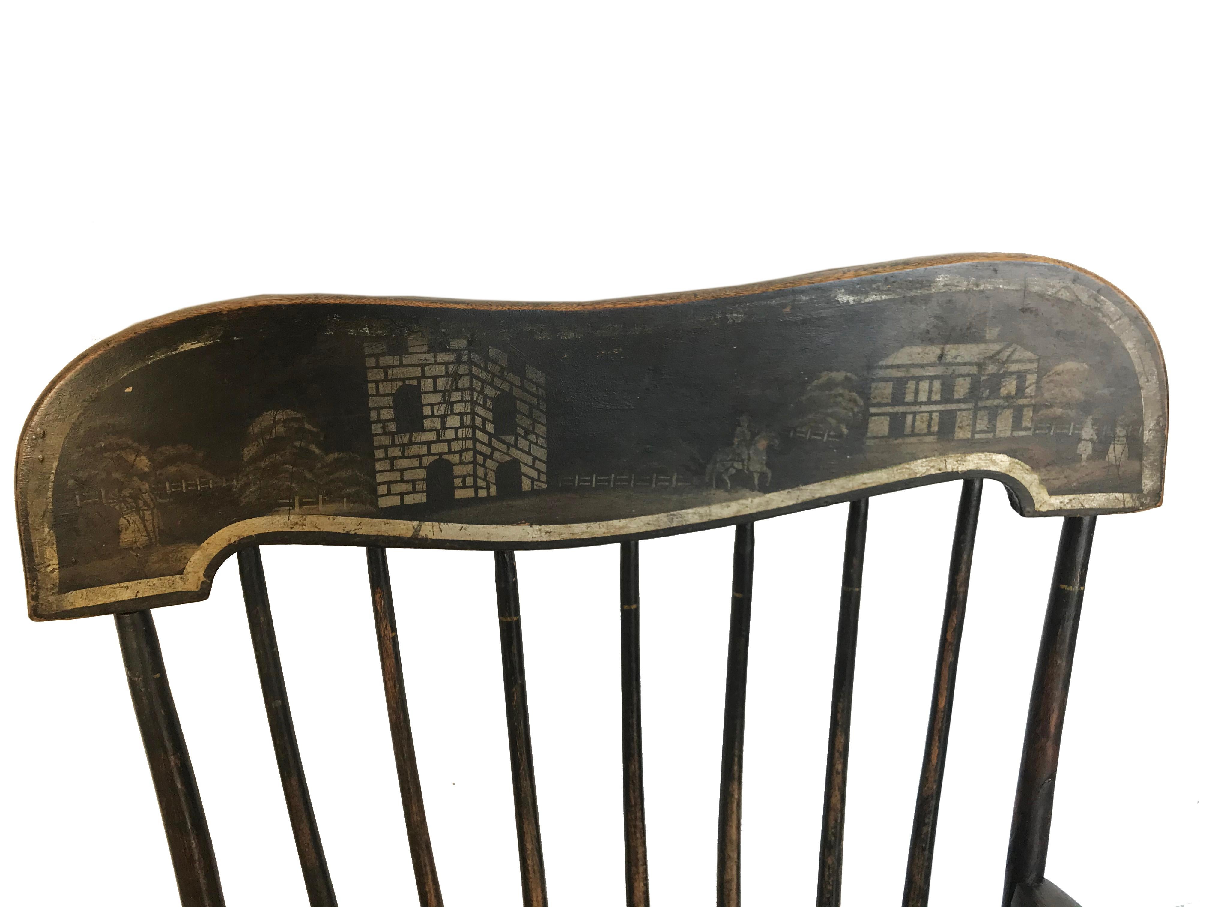 Beech American Boston Rocking Chair with Original Paint and Stencilled Decoration