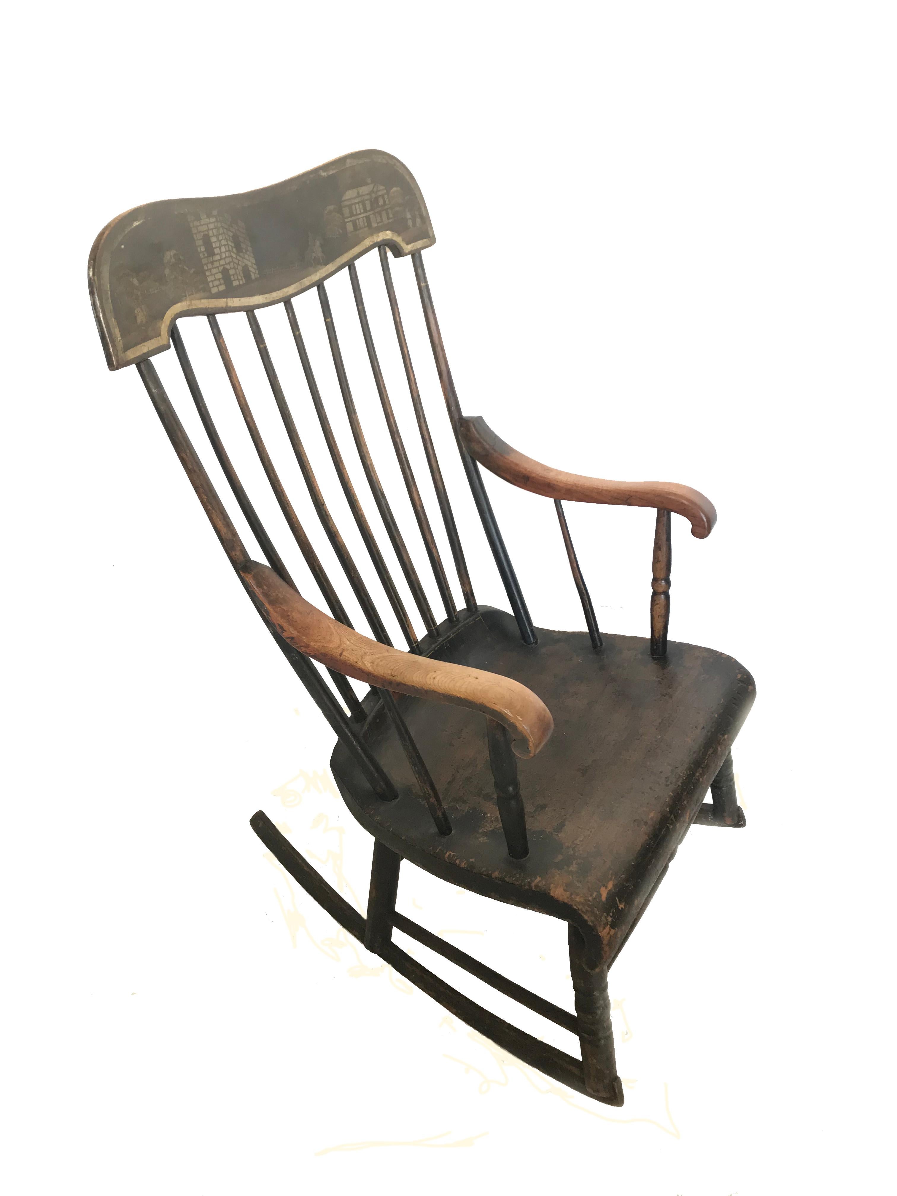 American Boston Rocking Chair with Original Paint and Stencilled Decoration In Fair Condition In Sherborne, GB
